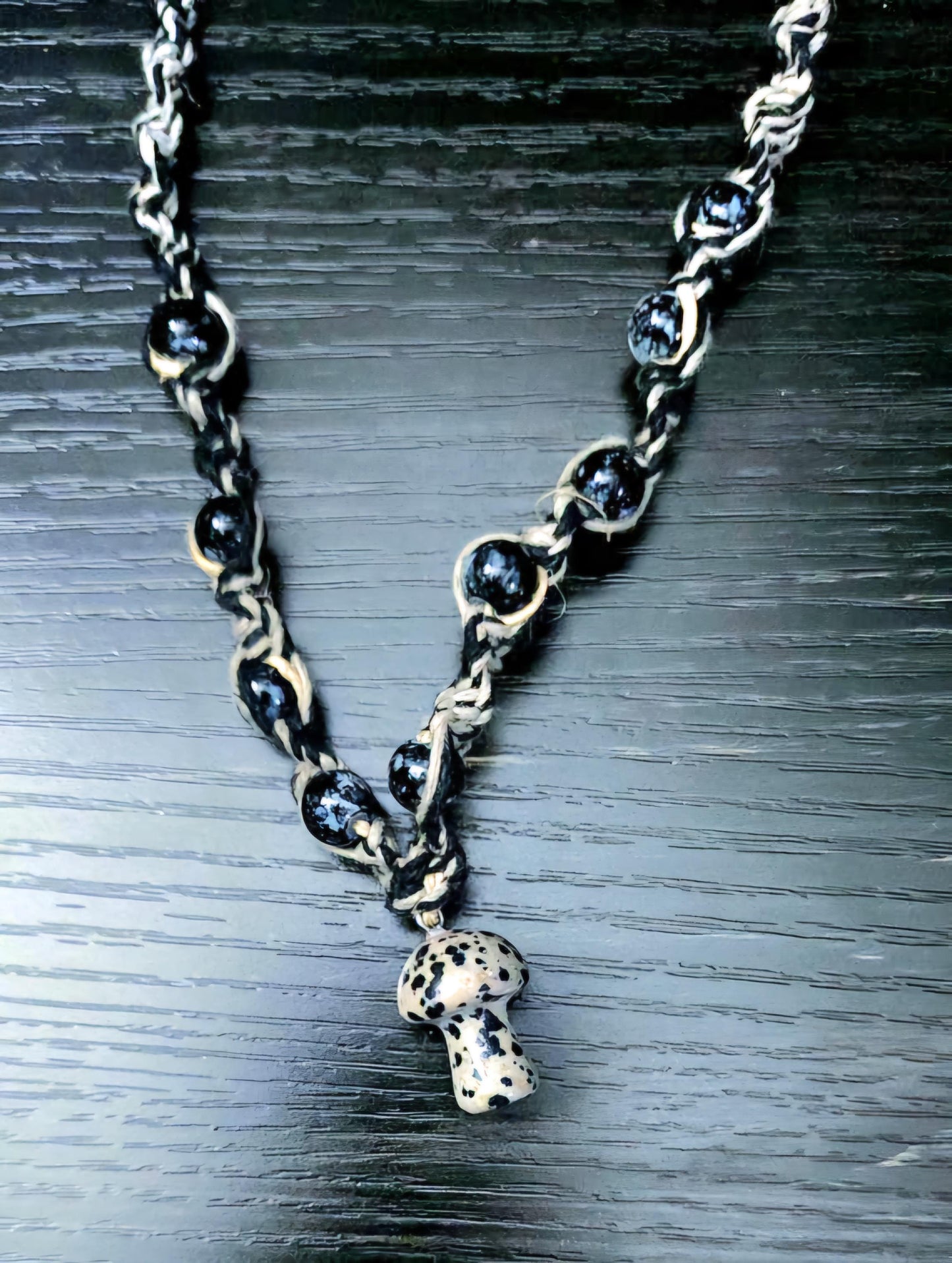 Handmade Hemp Necklace: Tan & Black Cord with Glass Mushroom Bead
