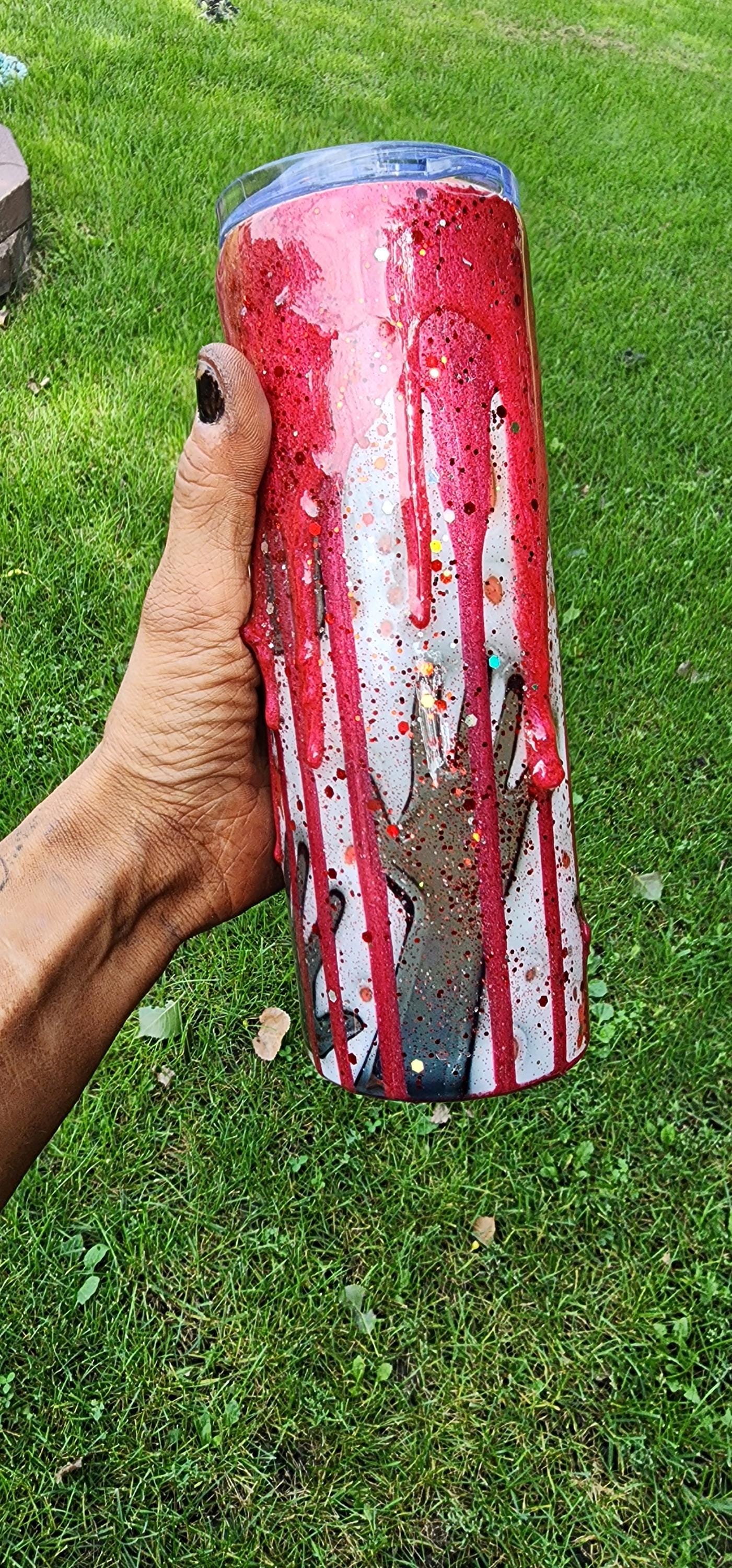 Bloody Handprints Halloween Tumbler: Spooky Glitter Epoxy Stainless Steel Cup