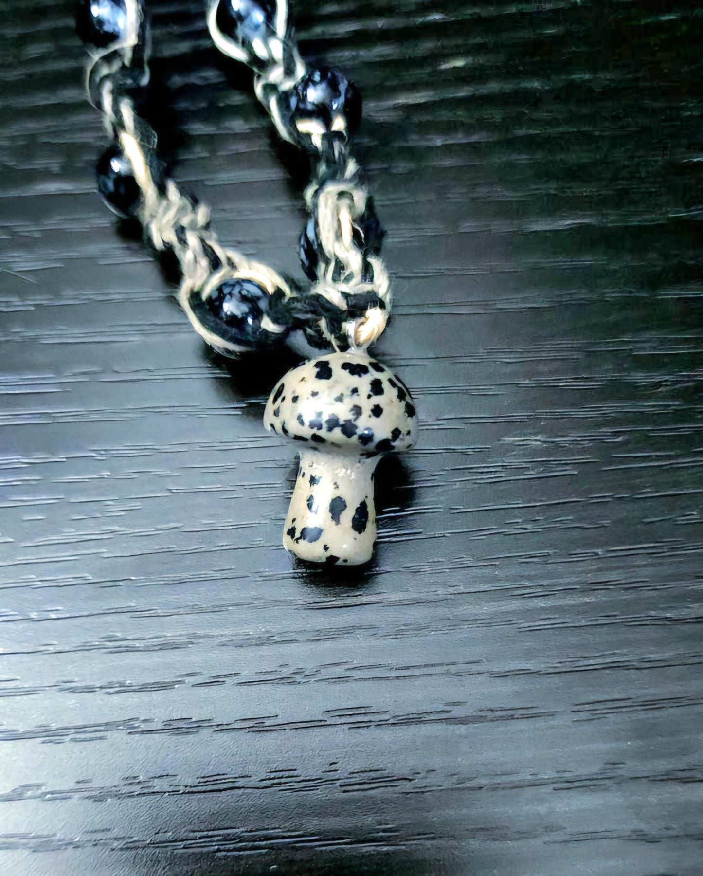 Handmade Hemp Necklace: Tan & Black Cord with Glass Mushroom Bead