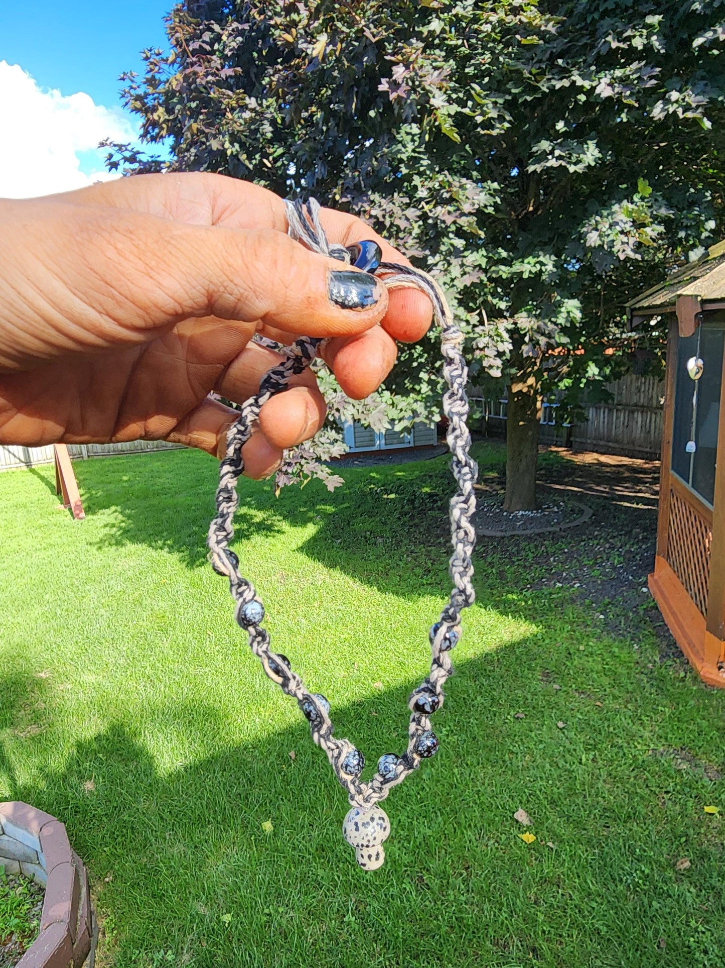 Handmade Hemp Necklace: Tan & Black Cord with Glass Mushroom Bead