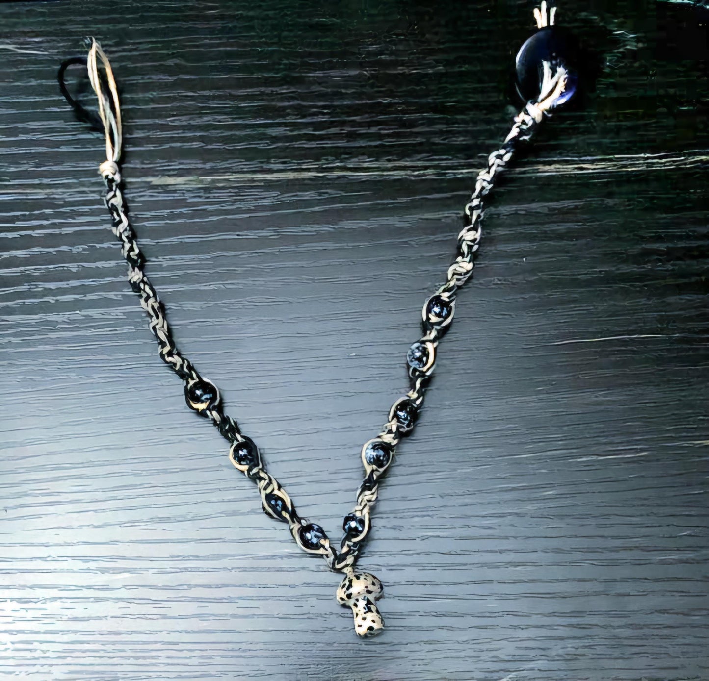 Handmade Hemp Necklace: Tan & Black Cord with Glass Mushroom Bead
