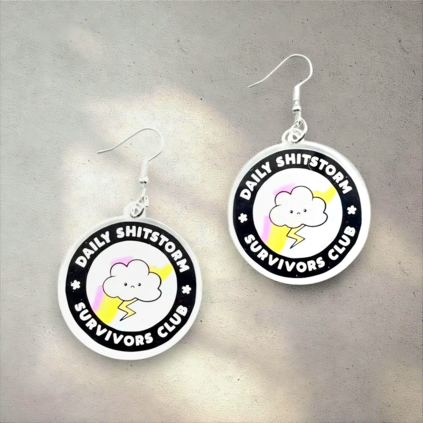 Daily Shitstorm Survivor Club Statement Earrings – Funny Cloud & Lightning Bolt Dangle Jewelry for Sassy Chaos Navigators, Anxiety Humor - Hempin' Mayhem