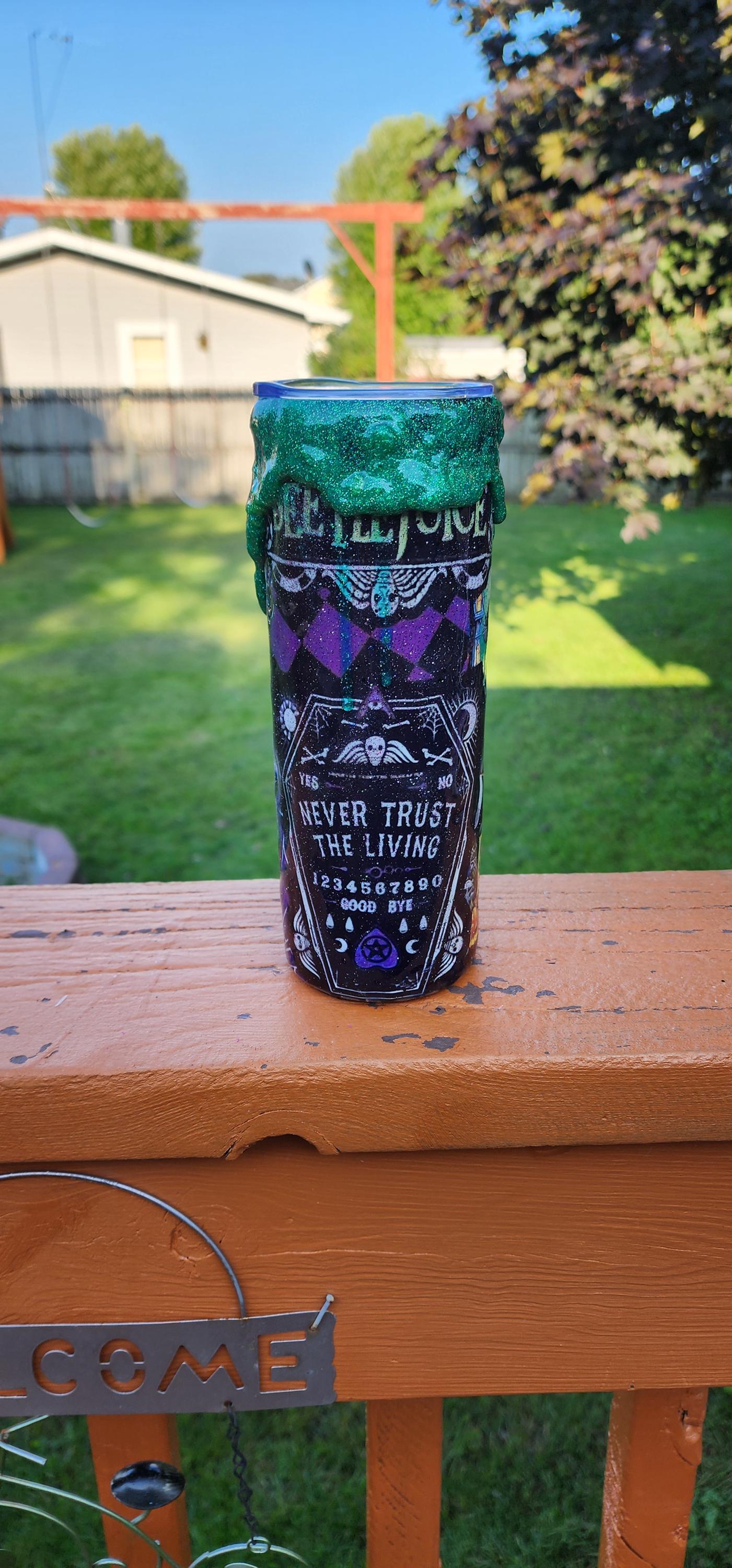 Never Trust the Living Beetlejuice Tumbler – 20oz Spooky Epoxy Drip Cup | Handmade Halloween Horror Drinkware