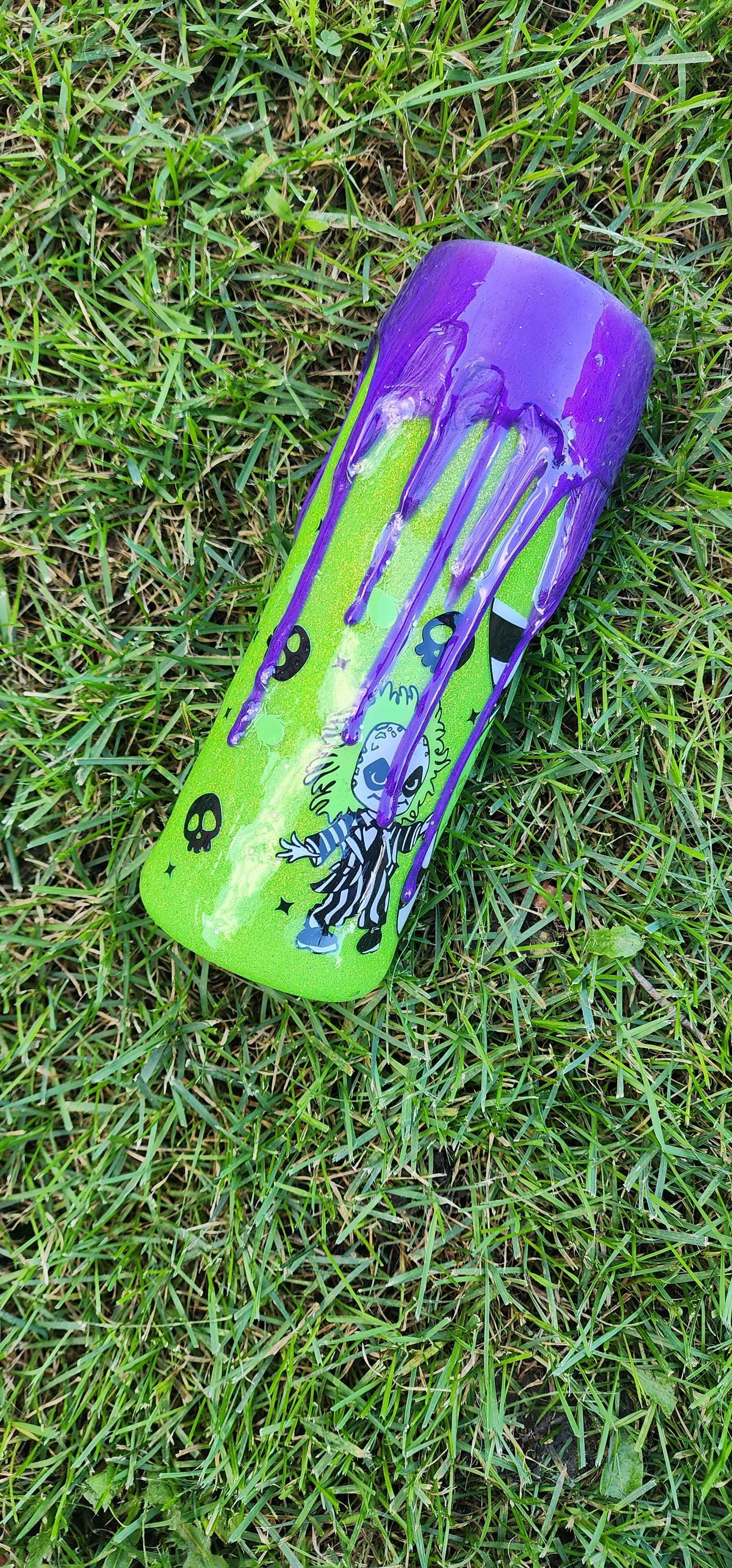 Beetlejuice Epoxy Drip Tumbler – Neon Green & Purple Creepy Cute Horror Cup | Handmade Halloween Drinkware and Spooky Movie Fan Gift