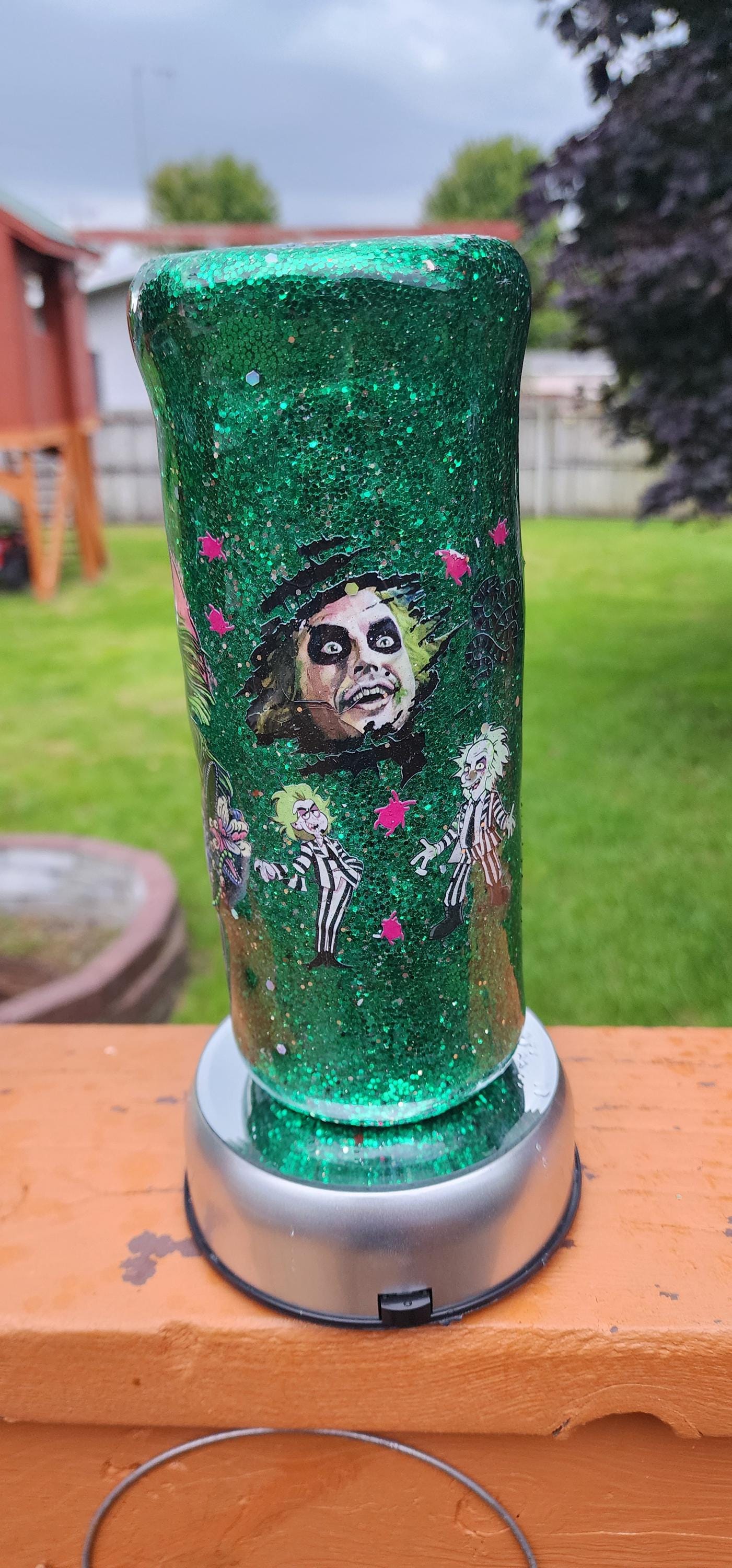 Beetlejuice Tumbler: Neon Green Glitter Drip, Spooky Stainless Steel Cup