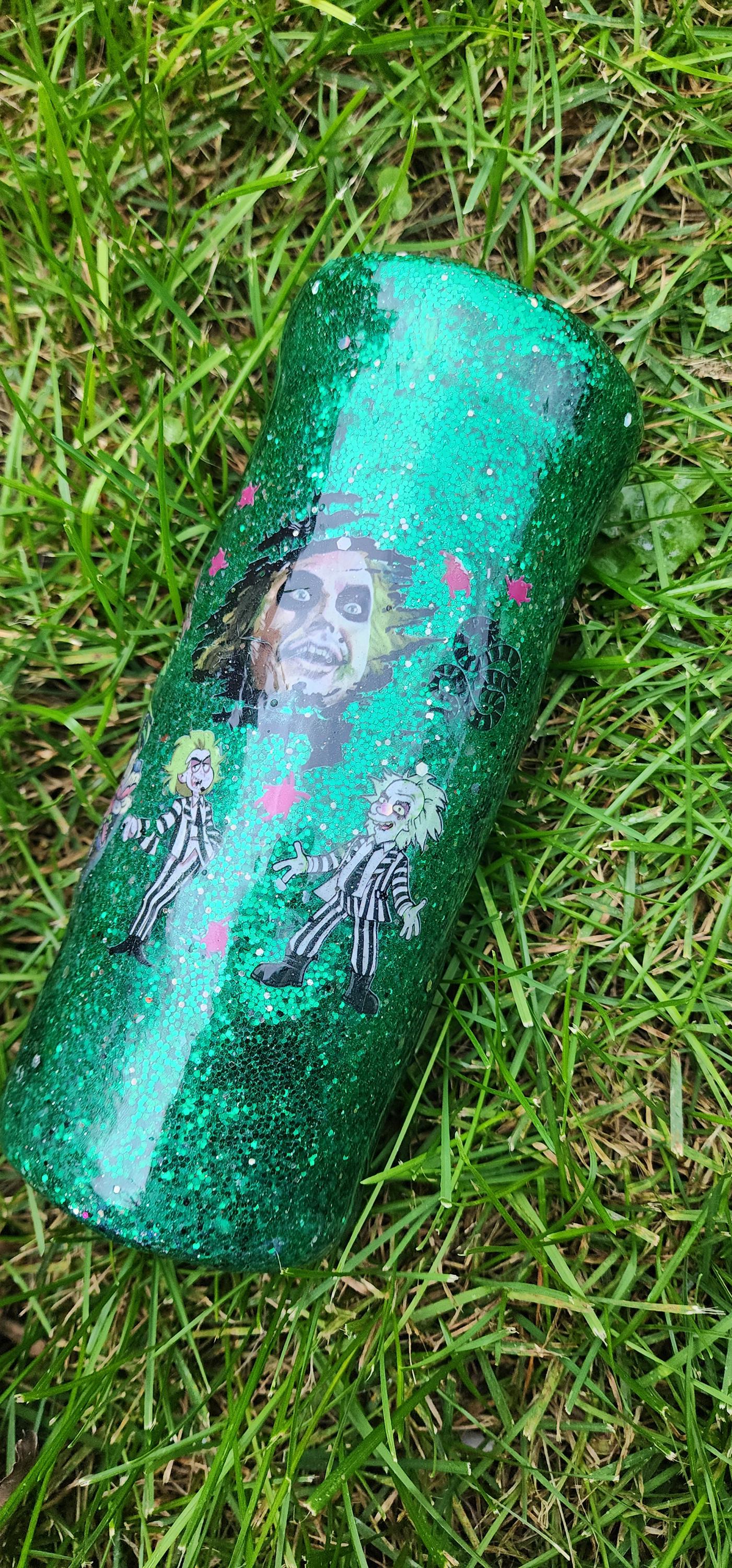 Beetlejuice Tumbler: Neon Green Glitter Drip, Spooky Stainless Steel Cup