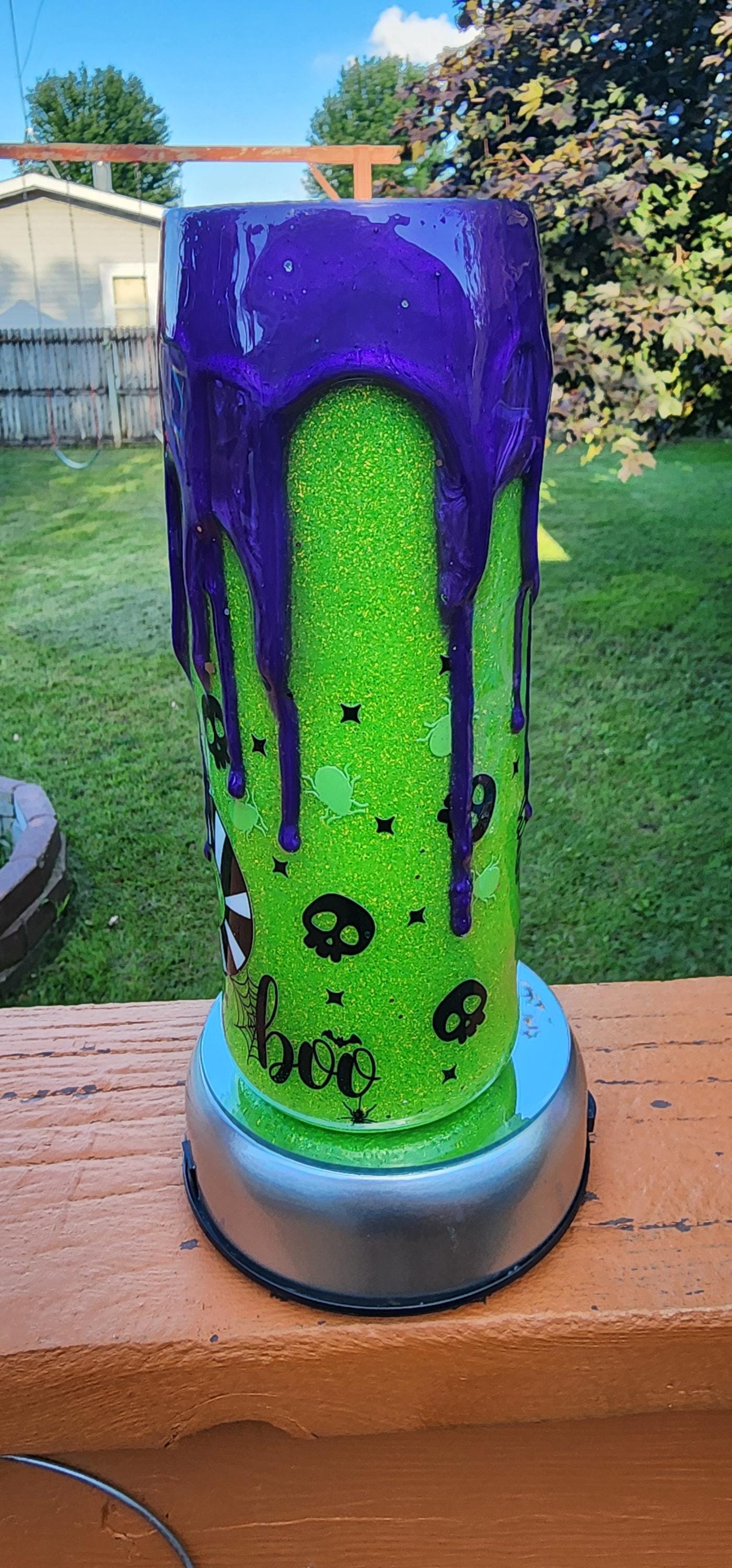 Beetlejuice Epoxy Drip Tumbler – Neon Green & Purple Creepy Cute Horror Cup | Handmade Halloween Drinkware and Spooky Movie Fan Gift