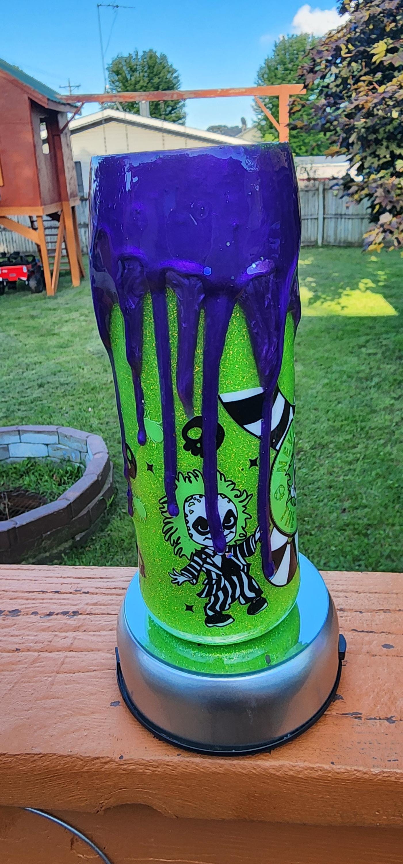 Beetlejuice Epoxy Drip Tumbler – Neon Green & Purple Creepy Cute Horror Cup | Handmade Halloween Drinkware and Spooky Movie Fan Gift