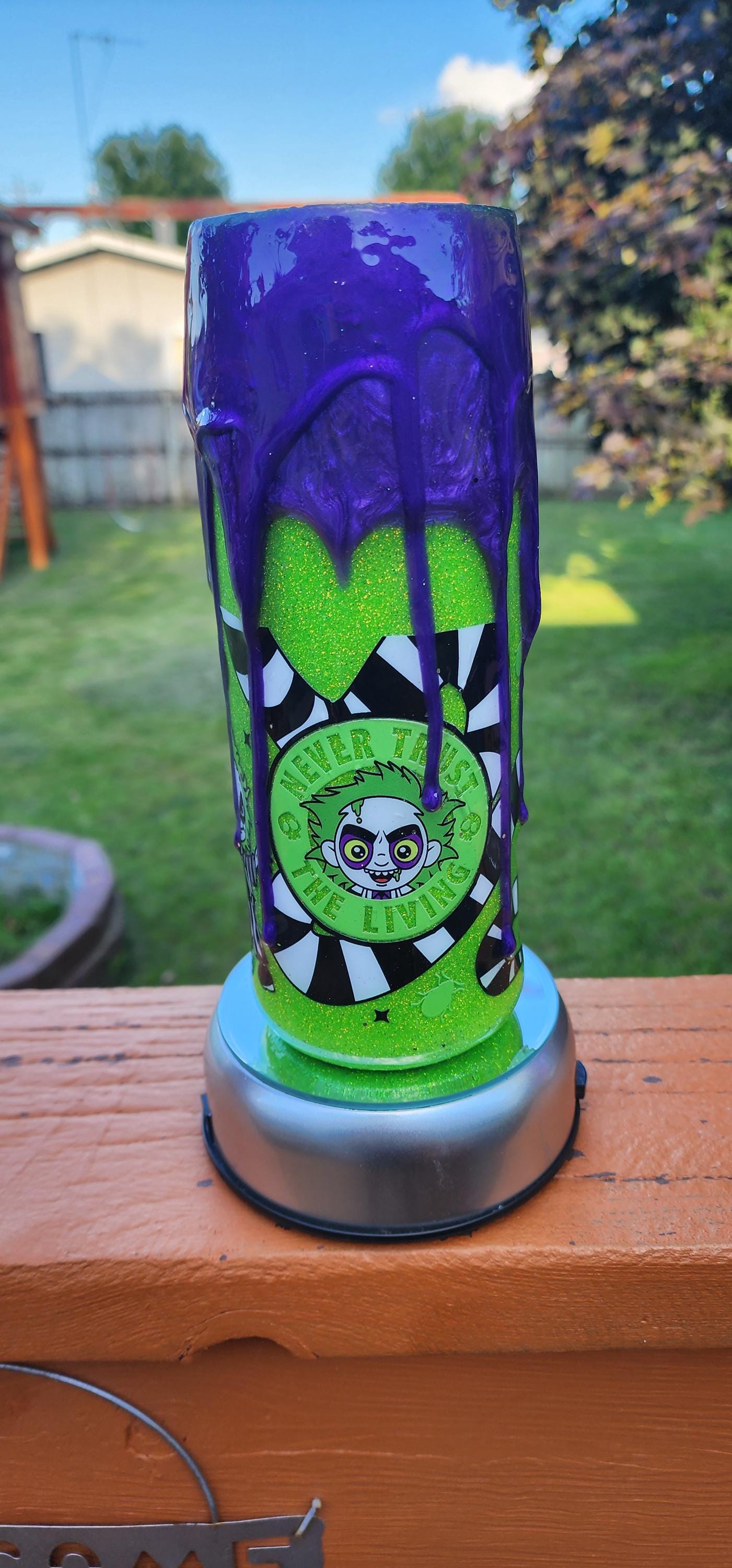 Beetlejuice Epoxy Drip Tumbler – Neon Green & Purple Creepy Cute Horror Cup | Handmade Halloween Drinkware and Spooky Movie Fan Gift