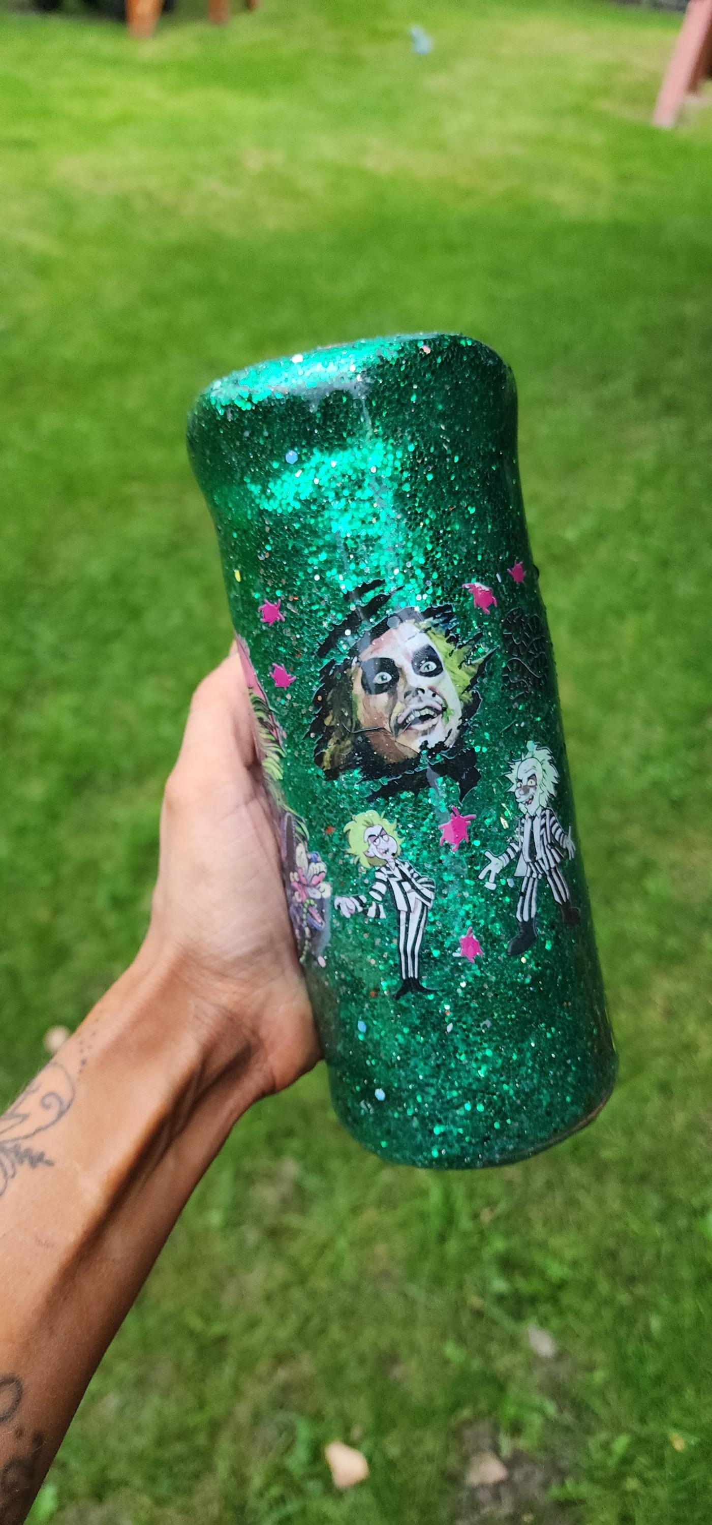 Beetlejuice Tumbler: Neon Green Glitter Drip, Spooky Stainless Steel Cup