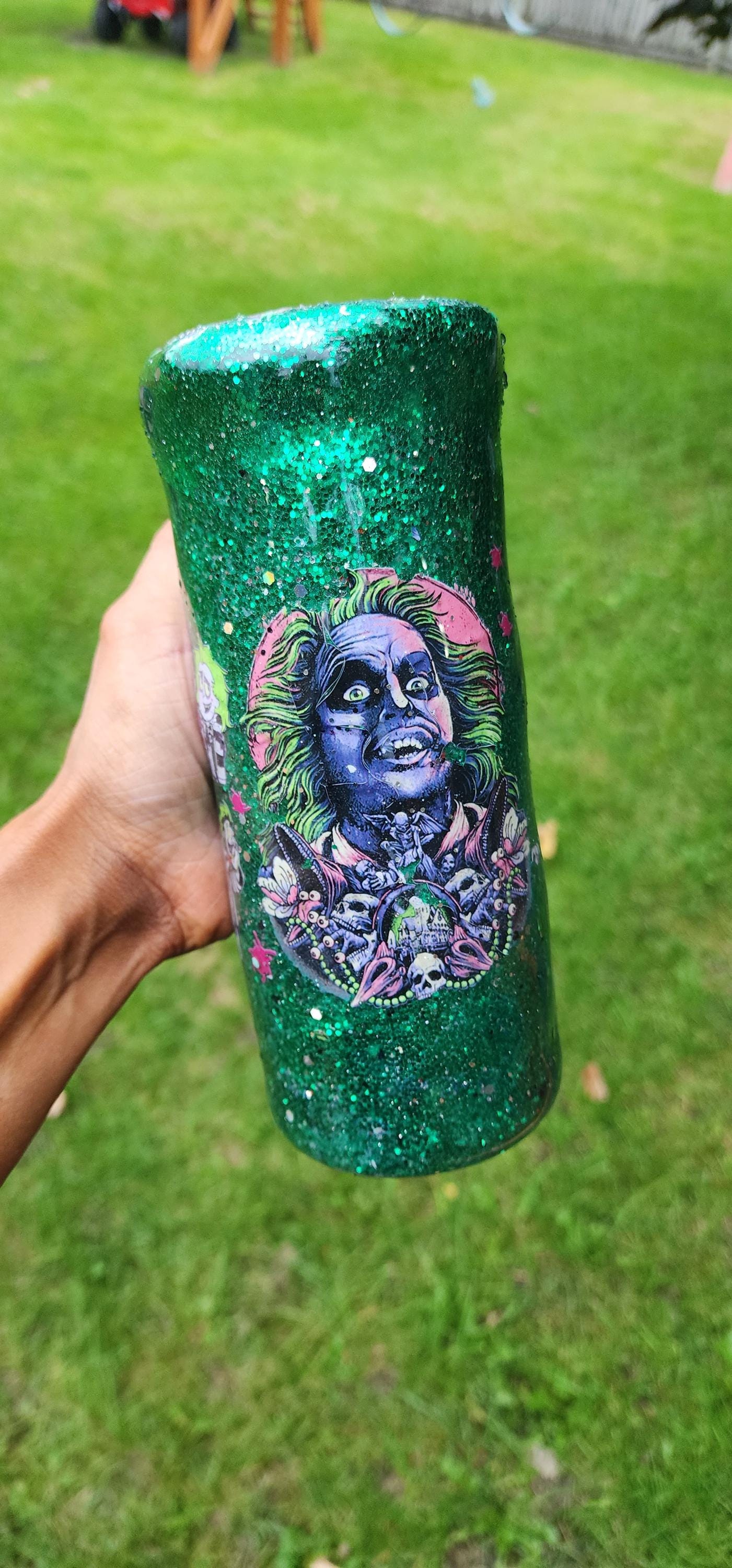Beetlejuice Tumbler: Neon Green Glitter Drip, Spooky Stainless Steel Cup