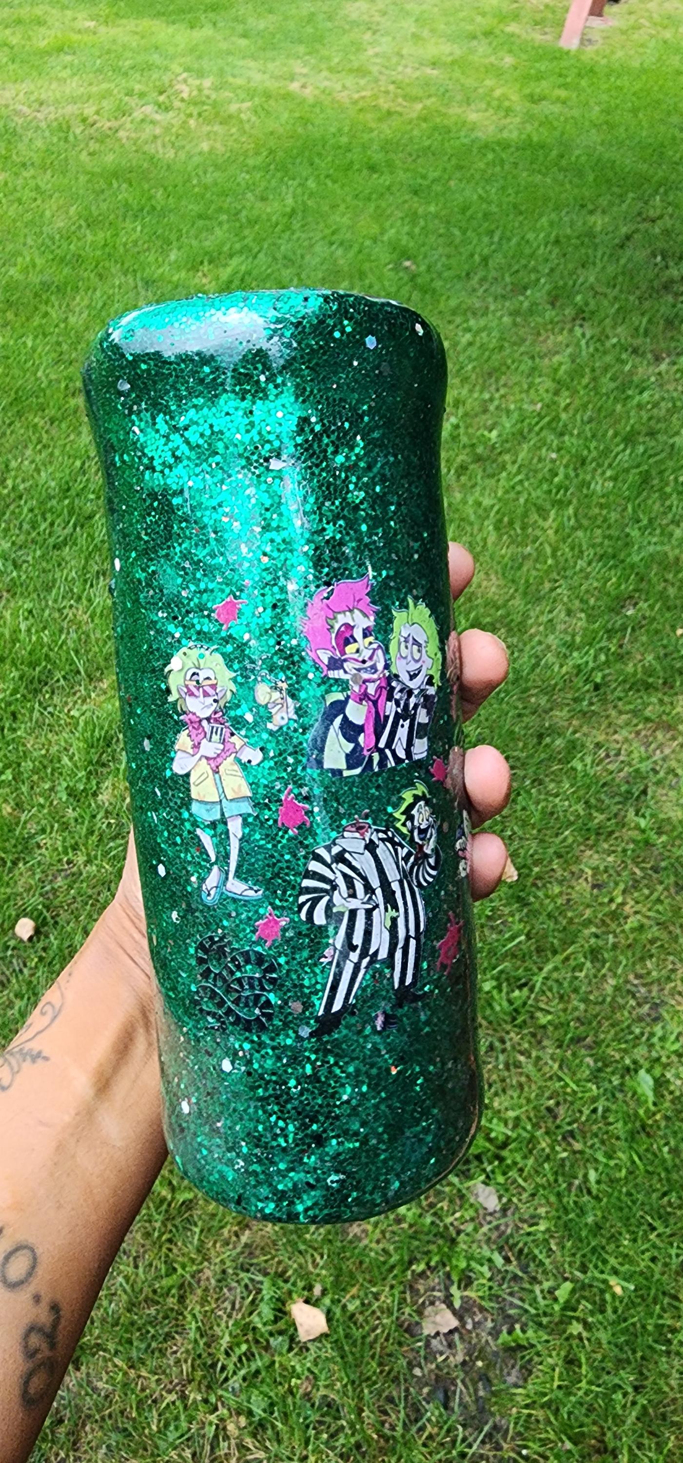 Beetlejuice Tumbler: Neon Green Glitter Drip, Spooky Stainless Steel Cup