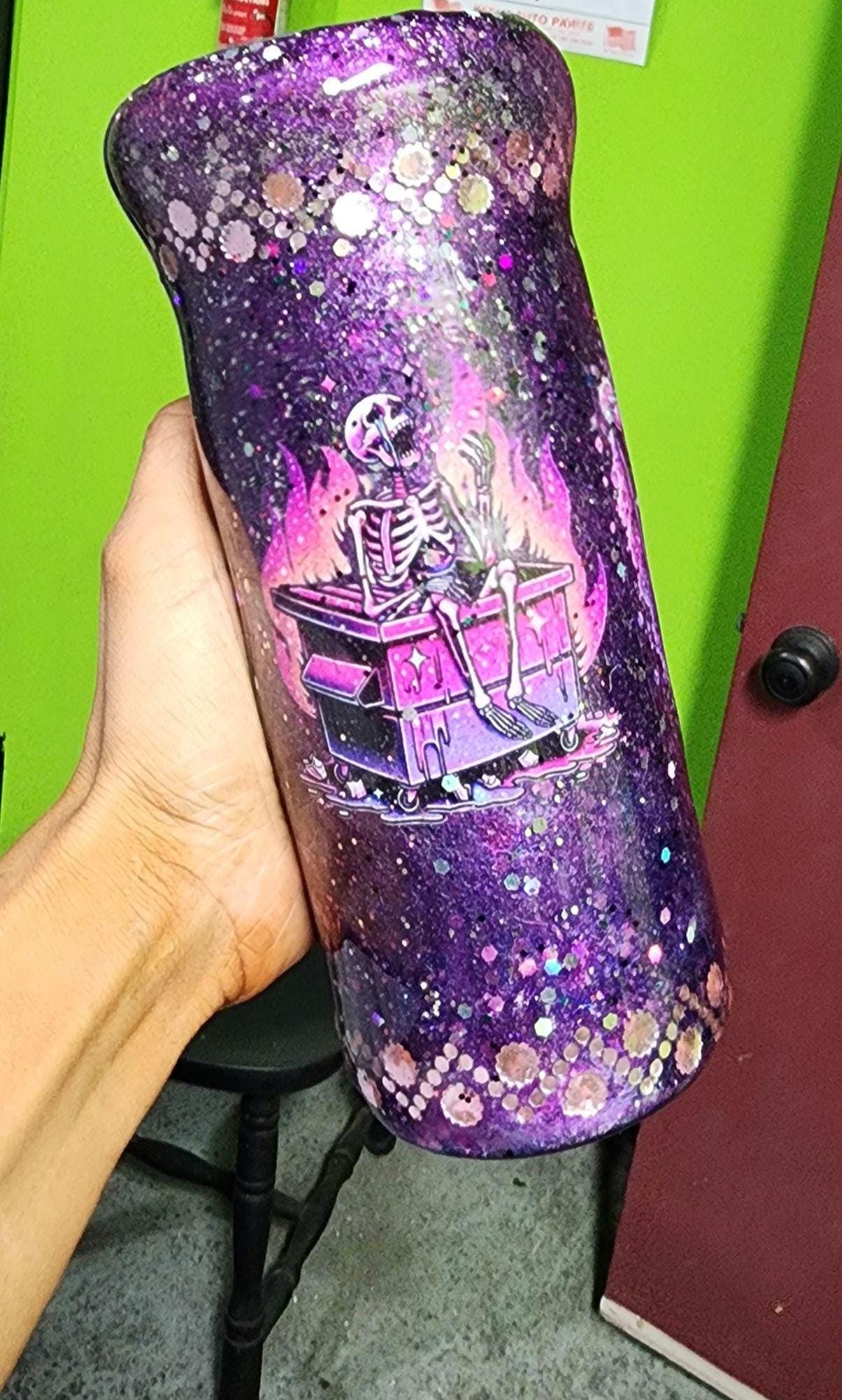 Purple Glitter Skeleton Tumbler: Spooky Goth Drinkware