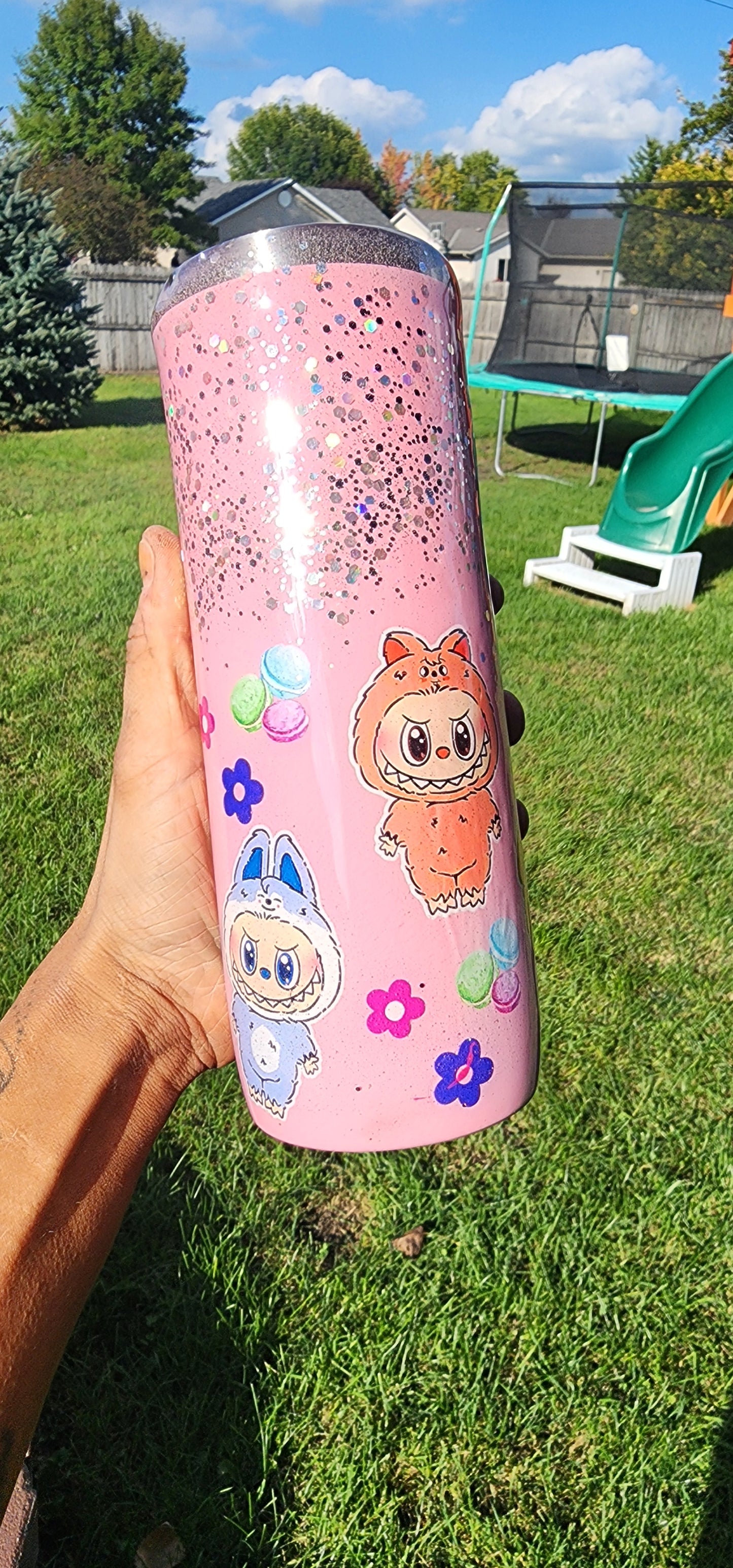 Labubu Pink Epoxy Glitter Tumbler – Cute Kawaii Stainless Steel Insulated Cup | Sparkly Glitter Travel Mug with Straw & Lid | Handmade Gift for Labubu Fans