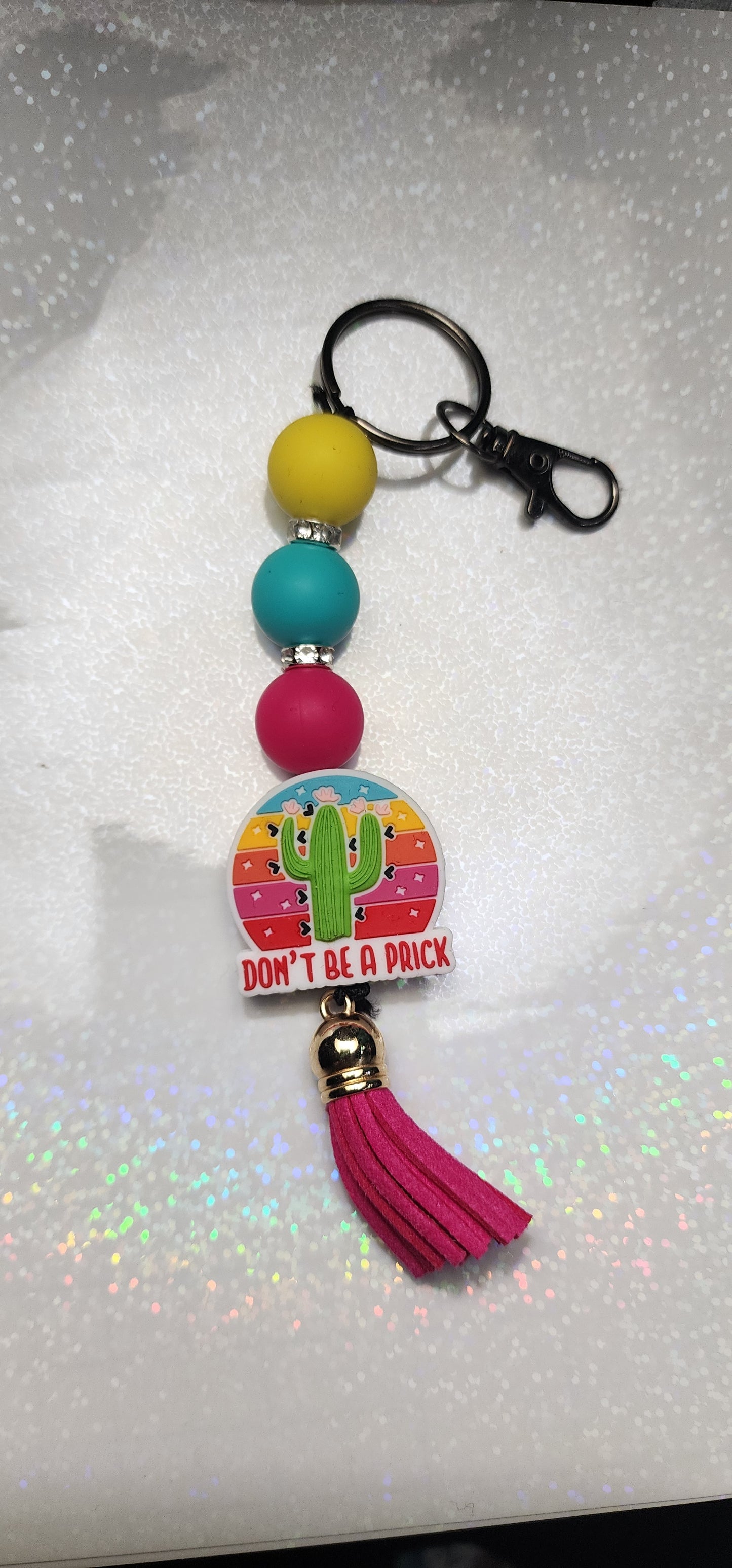 Beaded Keychain: Sassy Cactus Tassel Keyring, "Don't Be A Prick"