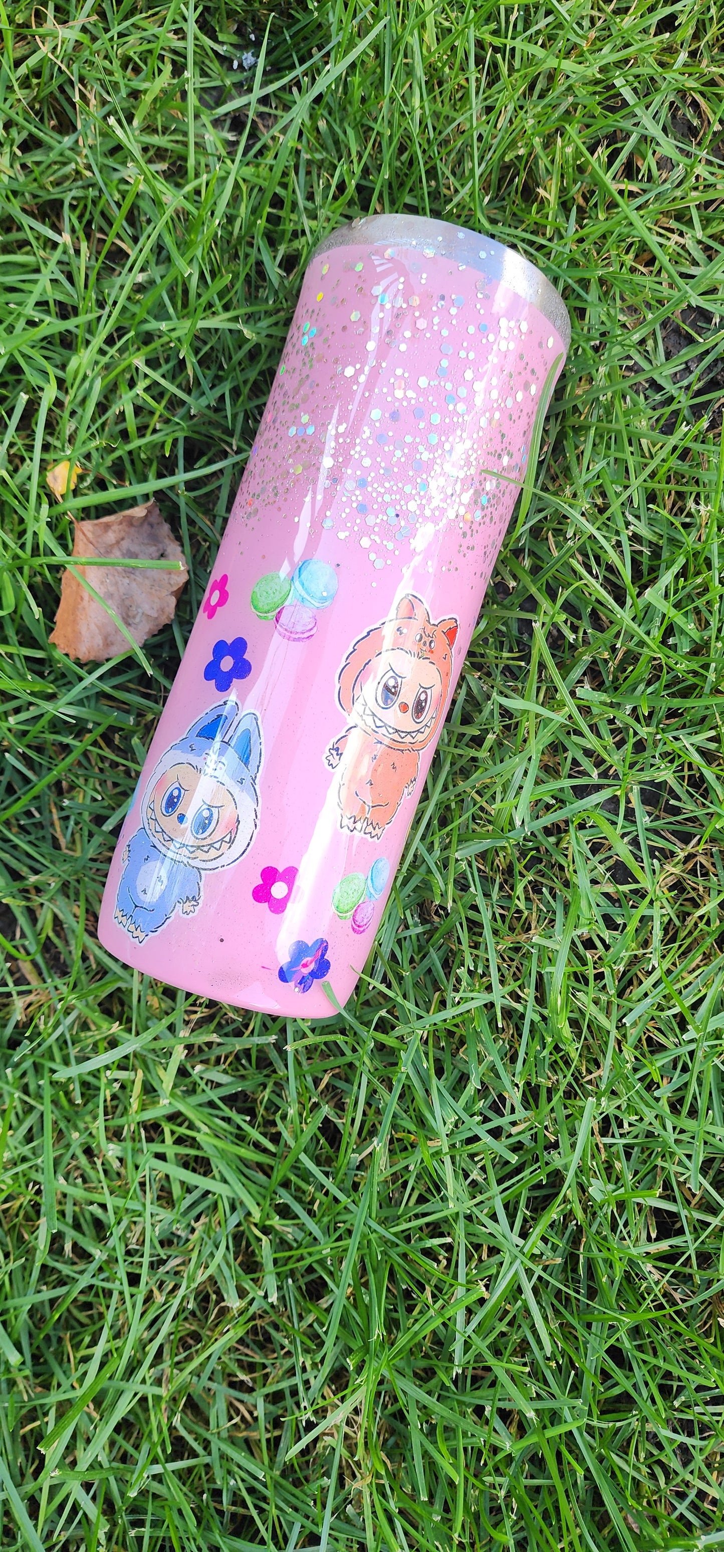 Labubu Pink Epoxy Glitter Tumbler – Cute Kawaii Stainless Steel Insulated Cup | Sparkly Glitter Travel Mug with Straw & Lid | Handmade Gift for Labubu Fans
