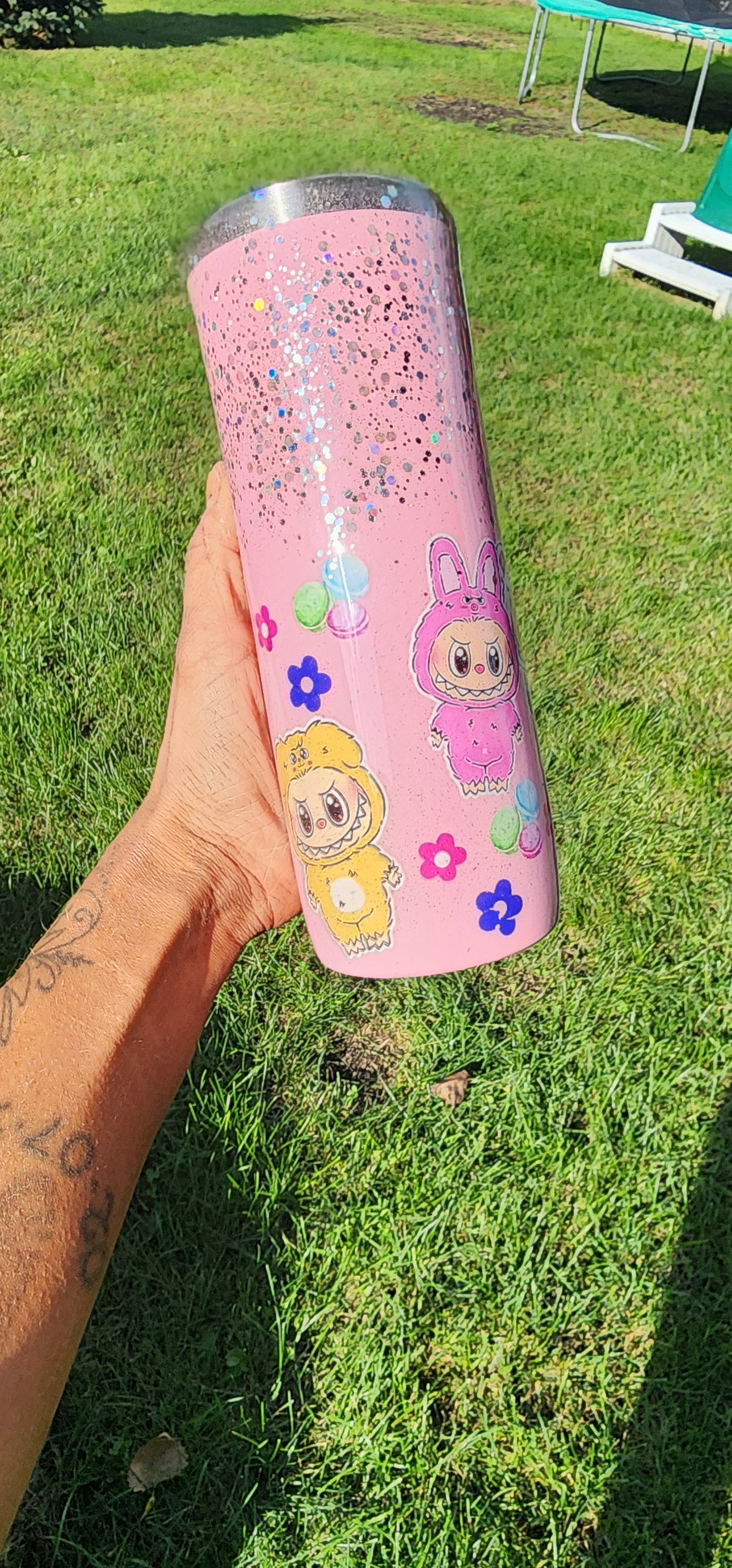 Labubu Pink Epoxy Glitter Tumbler – Cute Kawaii Stainless Steel Insulated Cup | Sparkly Glitter Travel Mug with Straw & Lid | Handmade Gift for Labubu Fans