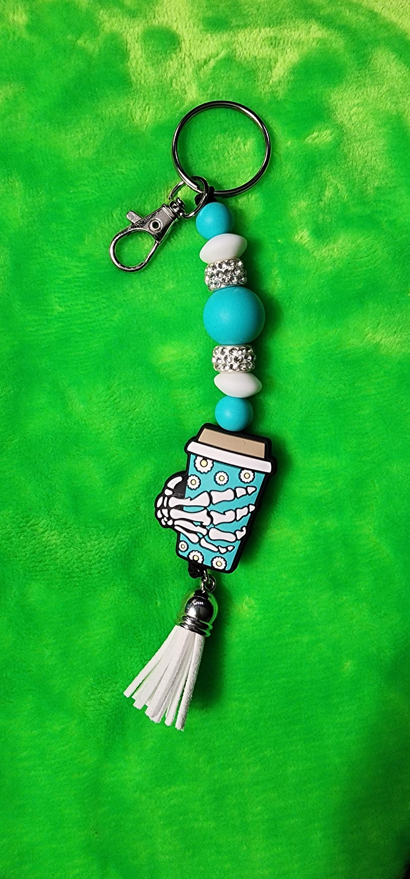 Turquoise & White Skull Hand Coffee Mug Keychain – Handmade Gothic Charm
