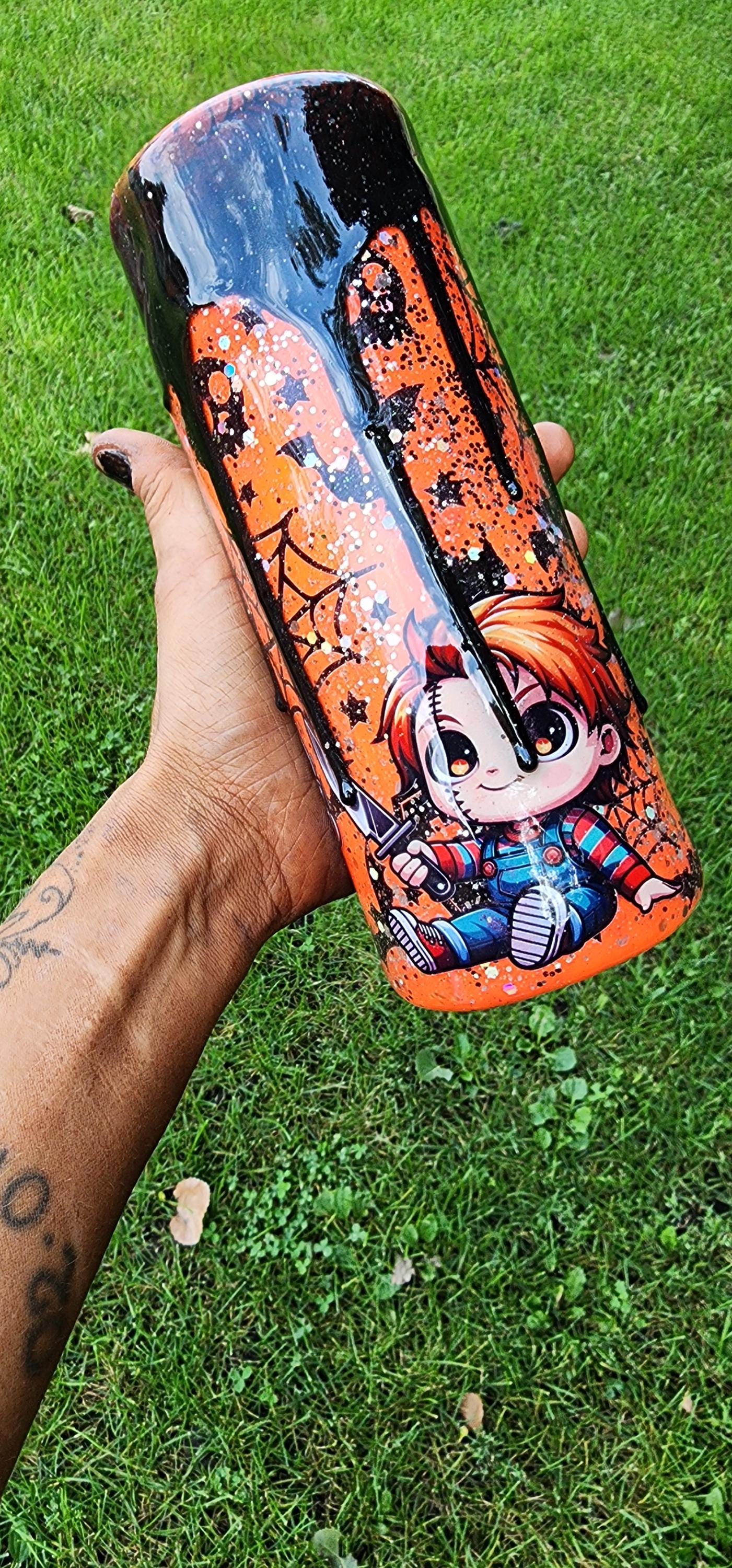 Orange Drip Horror Tumbler: 20oz Halloween Glitter Epoxy Cup