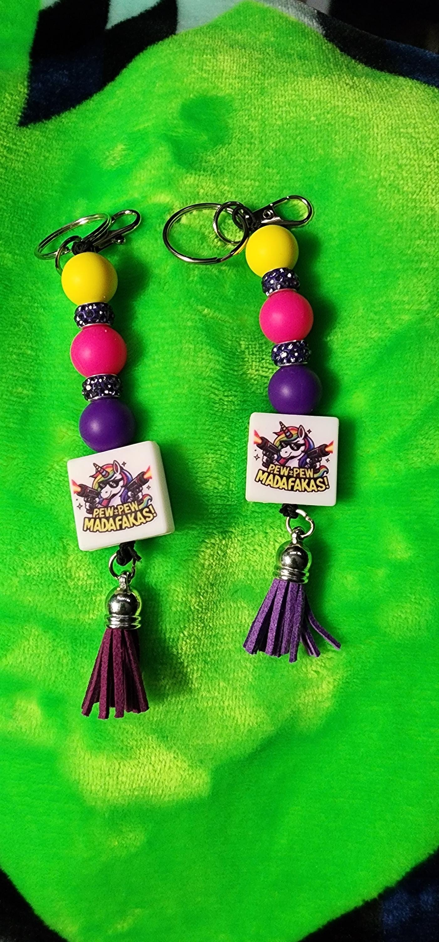 Unicorn Pew Pew Madafacka Keychain – Funny Magical Beaded charm but Savage, Whimsical Rainbow Accessory