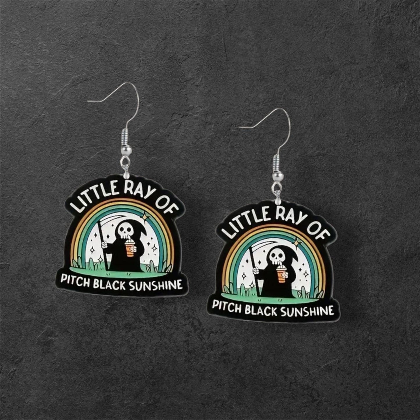 Little Ray of Pitch Black Rainbow Grim Reaper Earrings – Cute but Deadly Acrylic Dangles for Your Inner Spooky Sunshine - Hempin' Mayhem