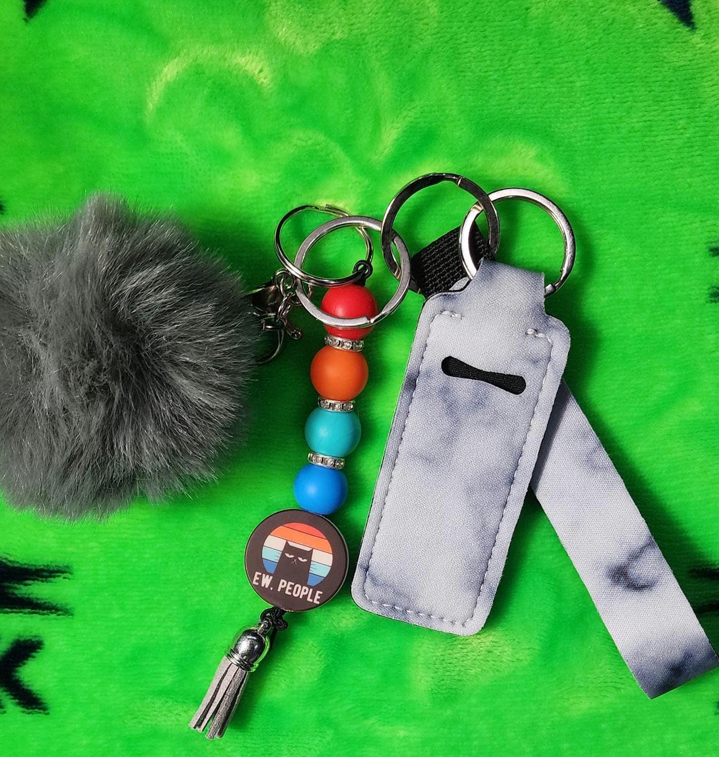 Ew People Cat Keychain Set | Funny Cat Lover Keychain with Pom, Lanyard & Hand Sanitizer Holder | Sassy Anti-Social Energy
