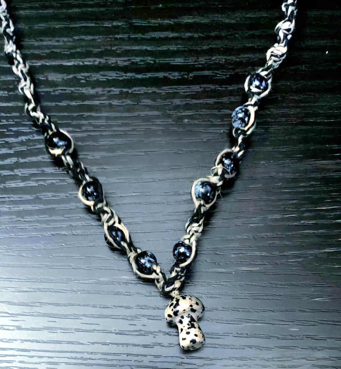 Handmade Hemp Necklace: Tan & Black Cord with Glass Mushroom Bead