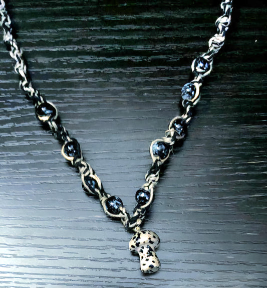 Handmade Hemp Necklace: Tan & Black Cord with Glass Mushroom Bead