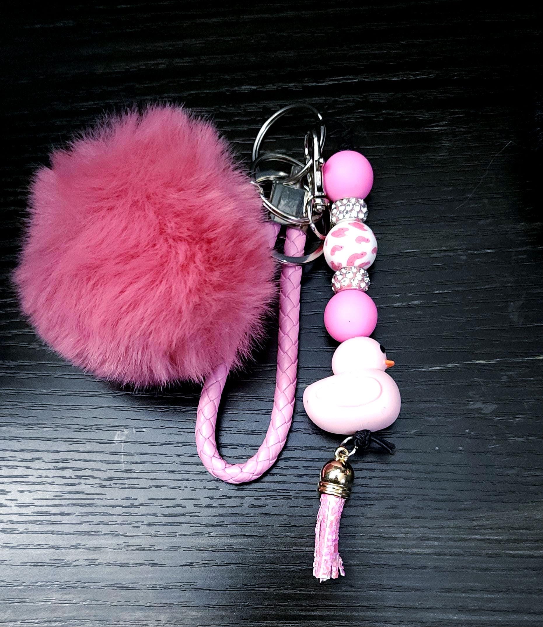 Wrist Lanyard Keychain with Cute Rubber Ducky, Pom Pom Charm, Durable Phone Strap Accessory for Women & Teens - Hempin' Mayhem