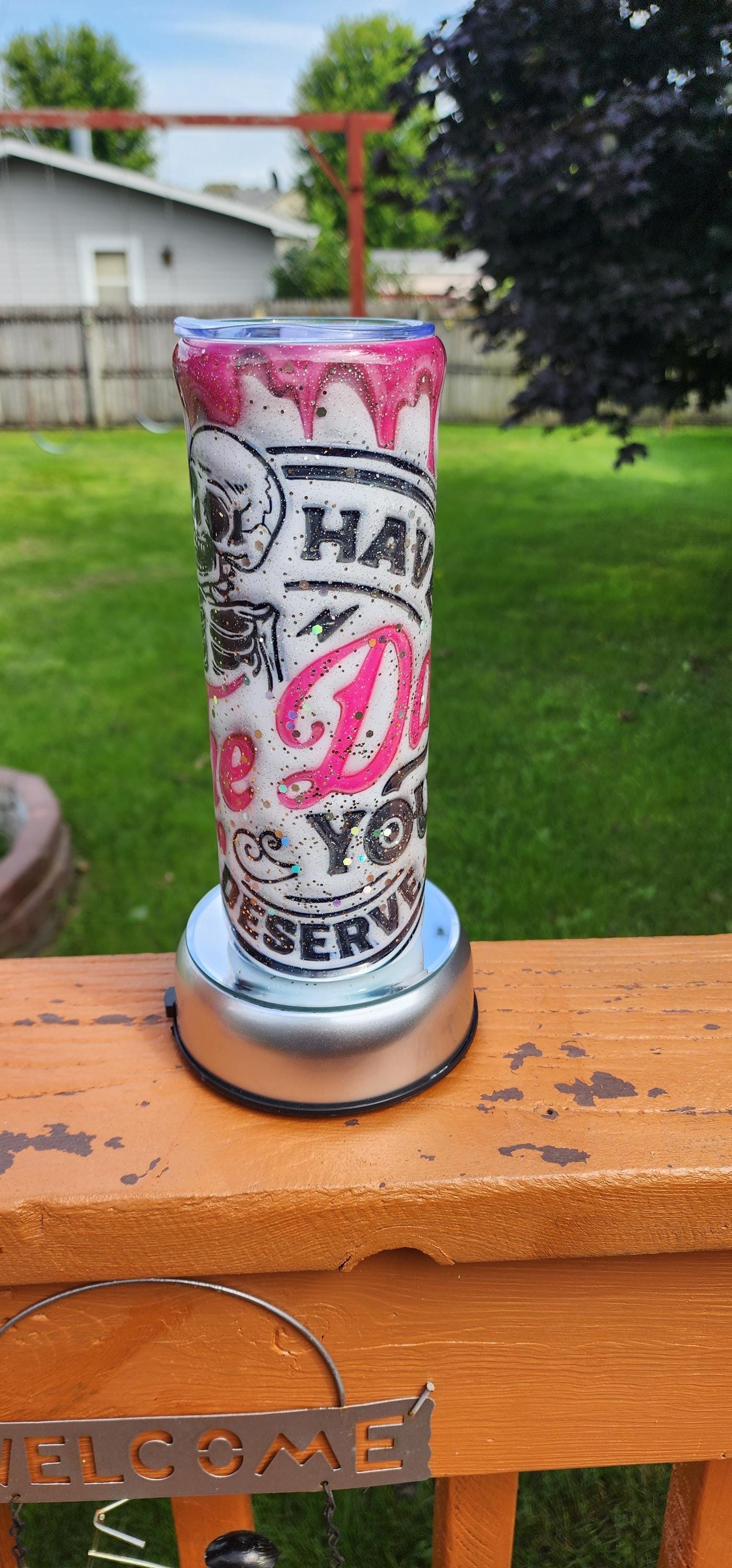 Skull Epoxy Tumbler: Pink & White Glitter 20oz Stainless Steel Cup