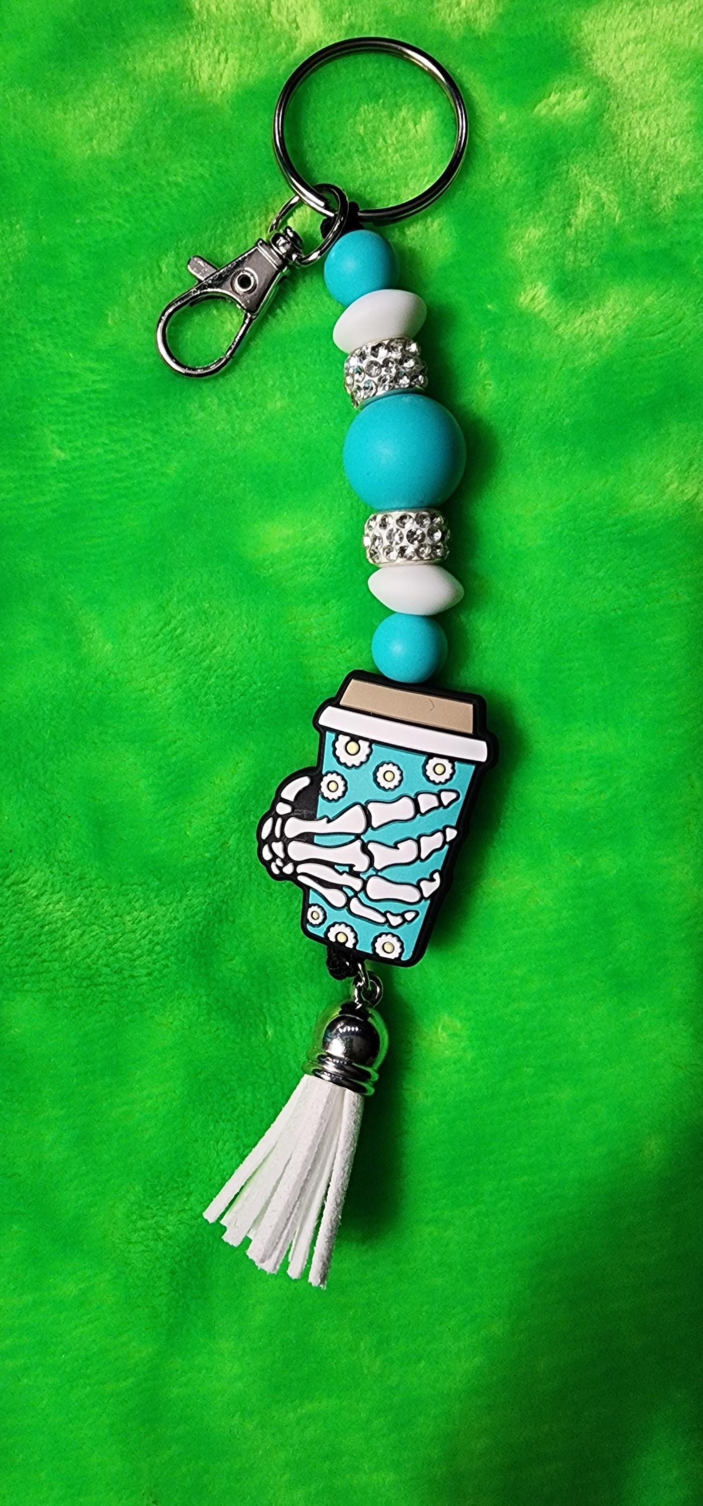 Turquoise & White Skull Hand Coffee Mug Keychain – Handmade Gothic Charm