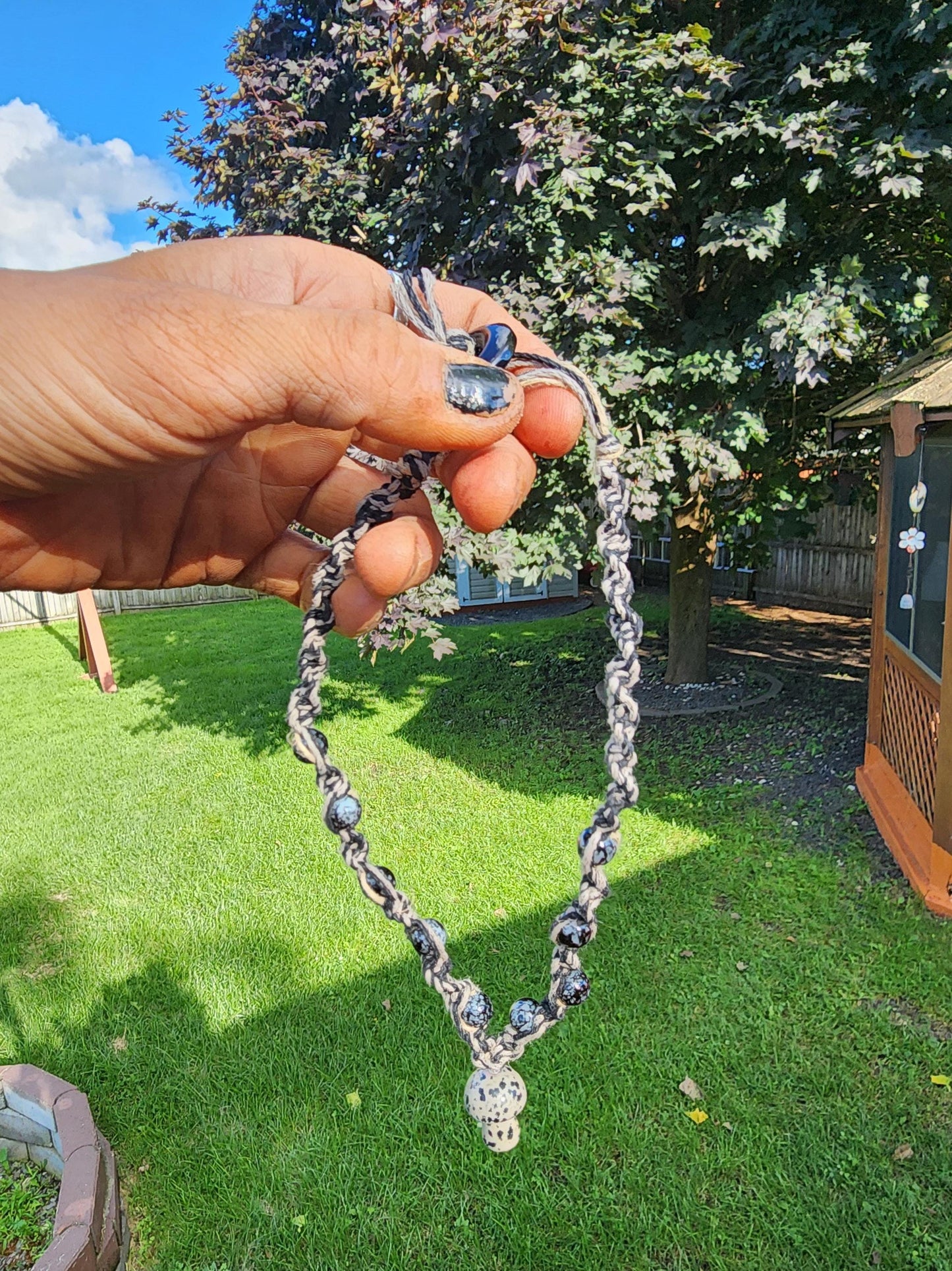 Handmade Hemp Necklace: Tan & Black Cord with Glass Mushroom Bead