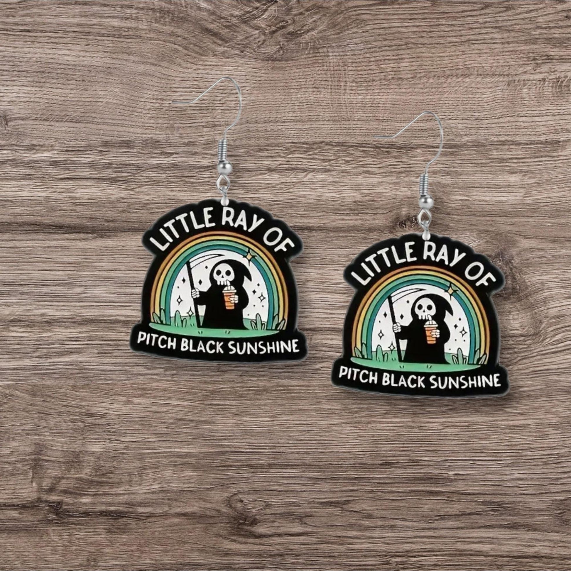 Little Ray of Pitch Black Rainbow Grim Reaper Earrings – Cute but Deadly Acrylic Dangles for Your Inner Spooky Sunshine - Hempin' Mayhem