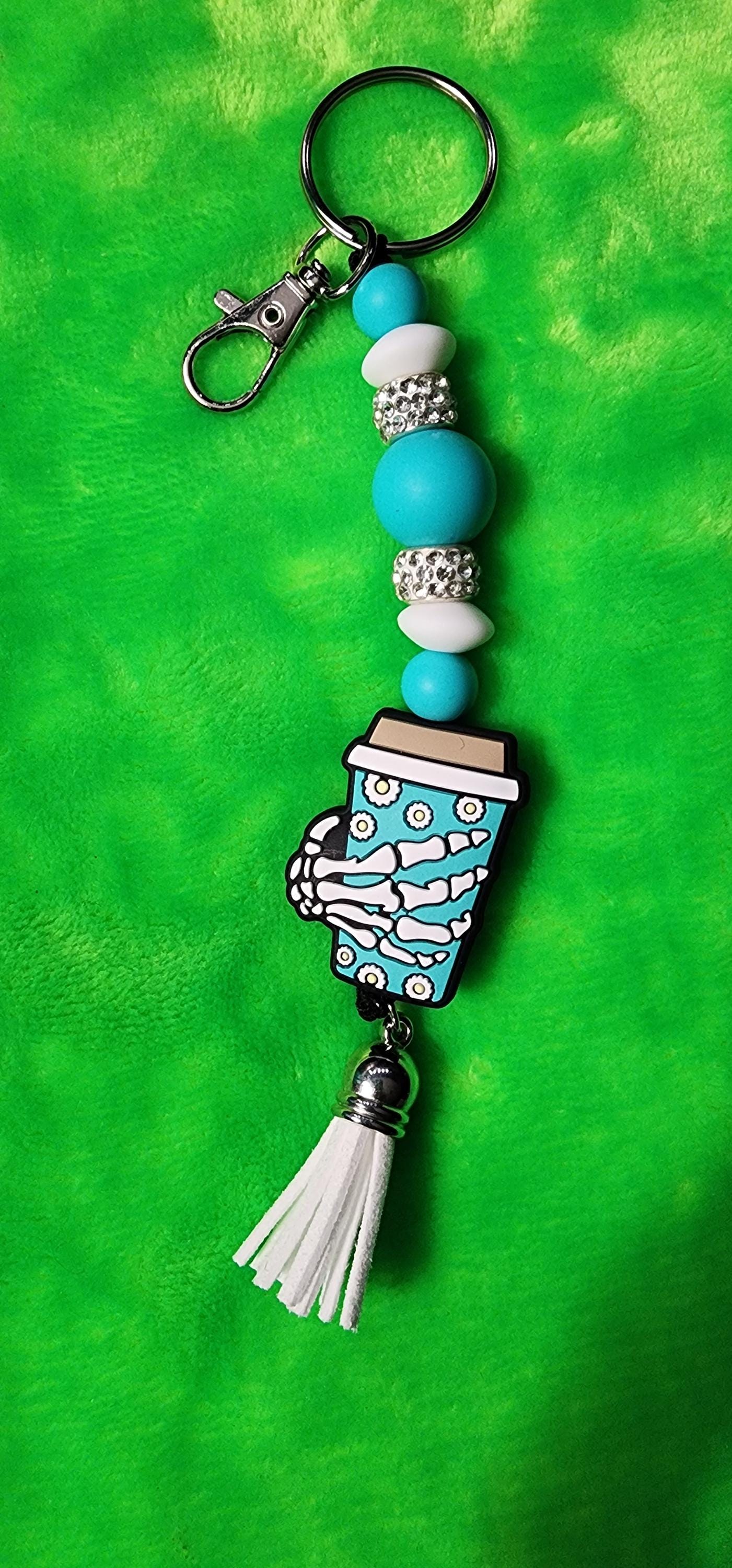 Turquoise & White Skull Hand Coffee Mug Keychain – Handmade Gothic Charm