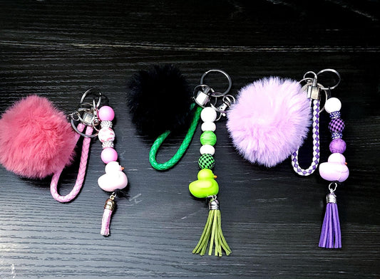 Wrist Lanyard Keychain with Cute Rubber Ducky, Pom Pom Charm, Durable Phone Strap Accessory for Women & Teens - Hempin' Mayhem