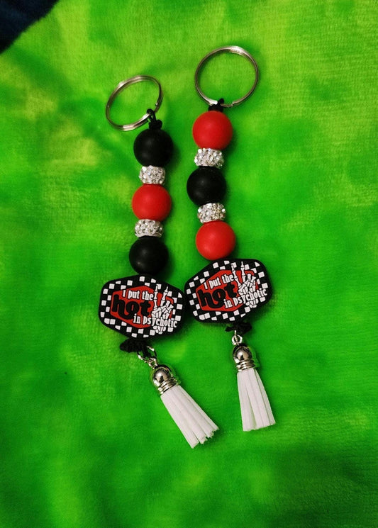 Funny Beaded Keychain: I Put the Hot in Psychotic - Dark Humor Bag Charm