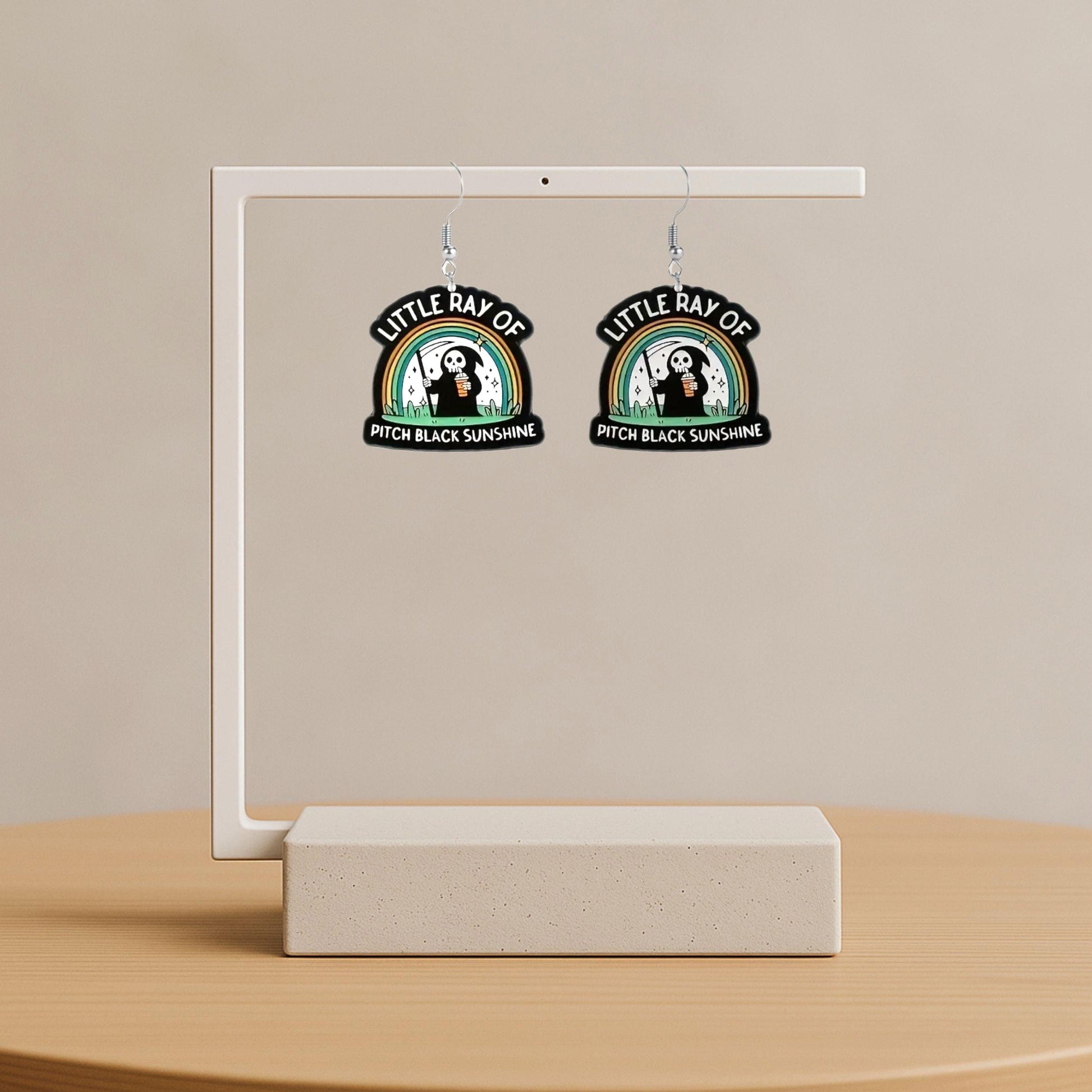 Little Ray of Pitch Black Rainbow Grim Reaper Earrings – Cute but Deadly Acrylic Dangles for Your Inner Spooky Sunshine - Hempin' Mayhem
