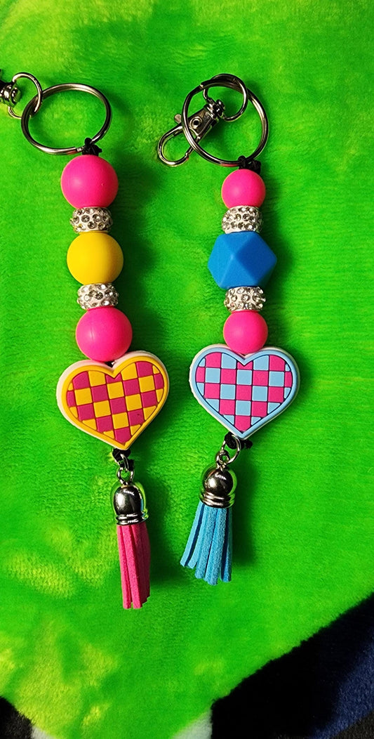 Checkered Heart Keychain, Handmade Keyring