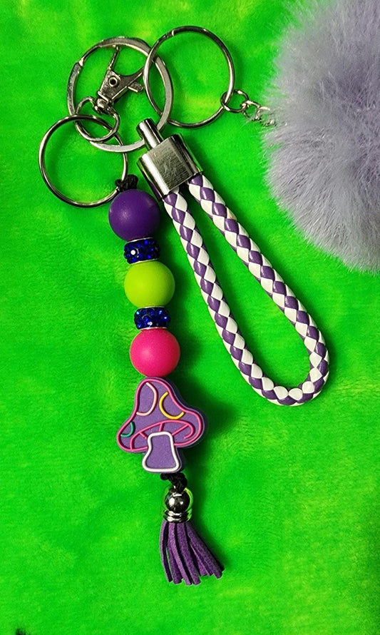 Purple Mushroom Set, Cottagecore Keychain with Lanyard & Pom for Mushroom Lovers