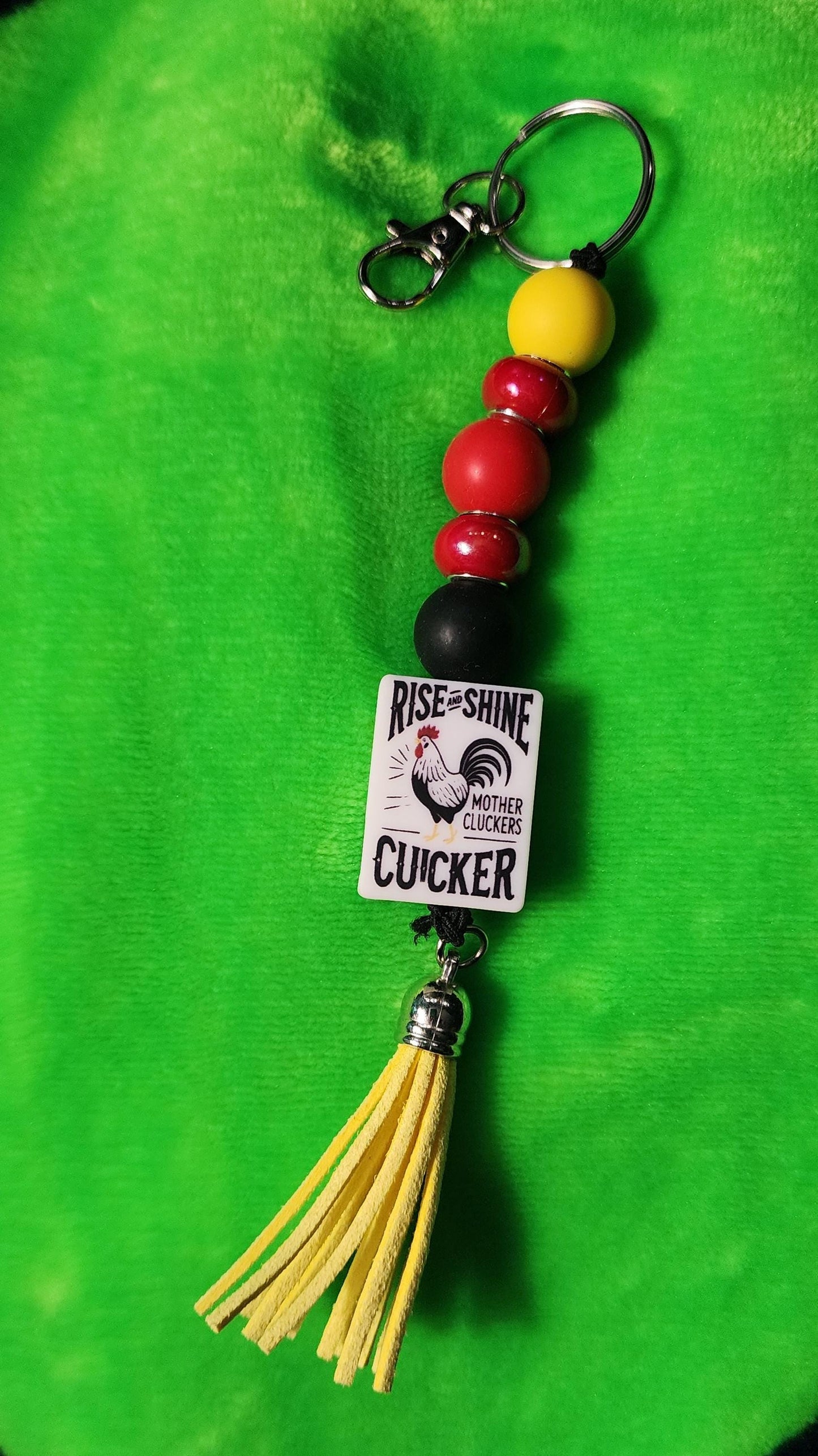 Rise and Shine Mother Cluckers Keychain – Red, Yellow & Black Beaded Farmhouse Accessory | Chicken Lover