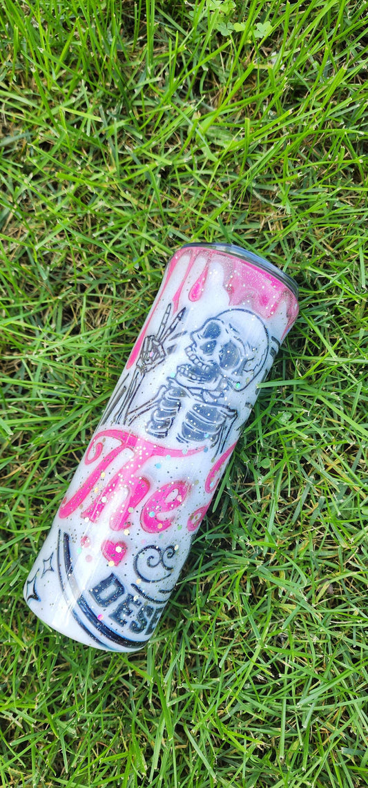 Skull Epoxy Tumbler: Pink & White Glitter 20oz Stainless Steel Cup