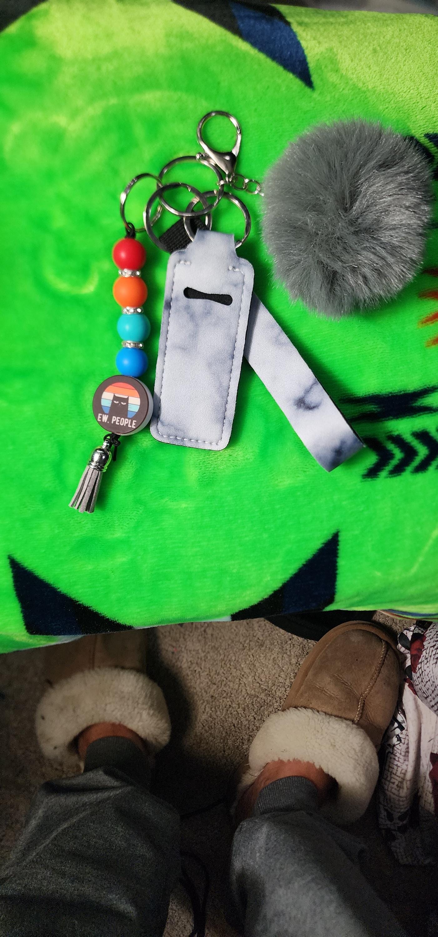 Ew People Cat Keychain Set | Funny Cat Lover Keychain with Pom, Lanyard & Hand Sanitizer Holder | Sassy Anti-Social Energy