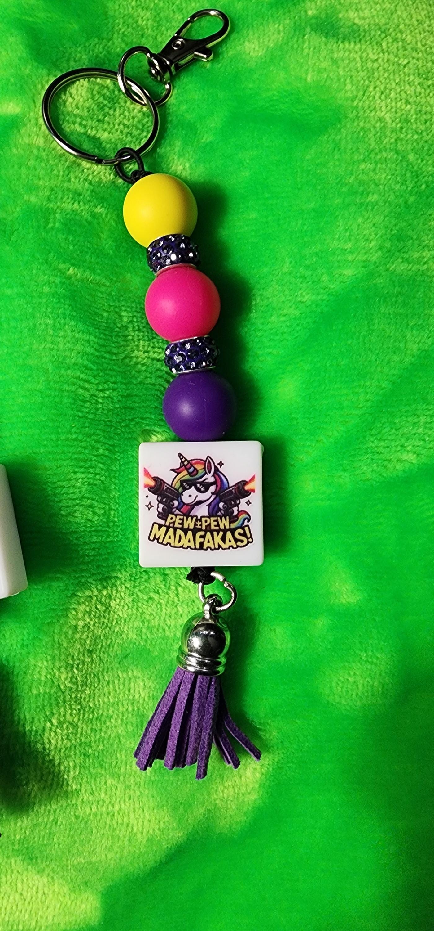 Unicorn Pew Pew Madafacka Keychain – Funny Magical Beaded charm but Savage, Whimsical Rainbow Accessory