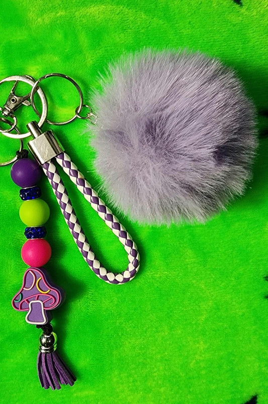 Purple Mushroom Set, Cottagecore Keychain with Lanyard & Pom for Mushroom Lovers