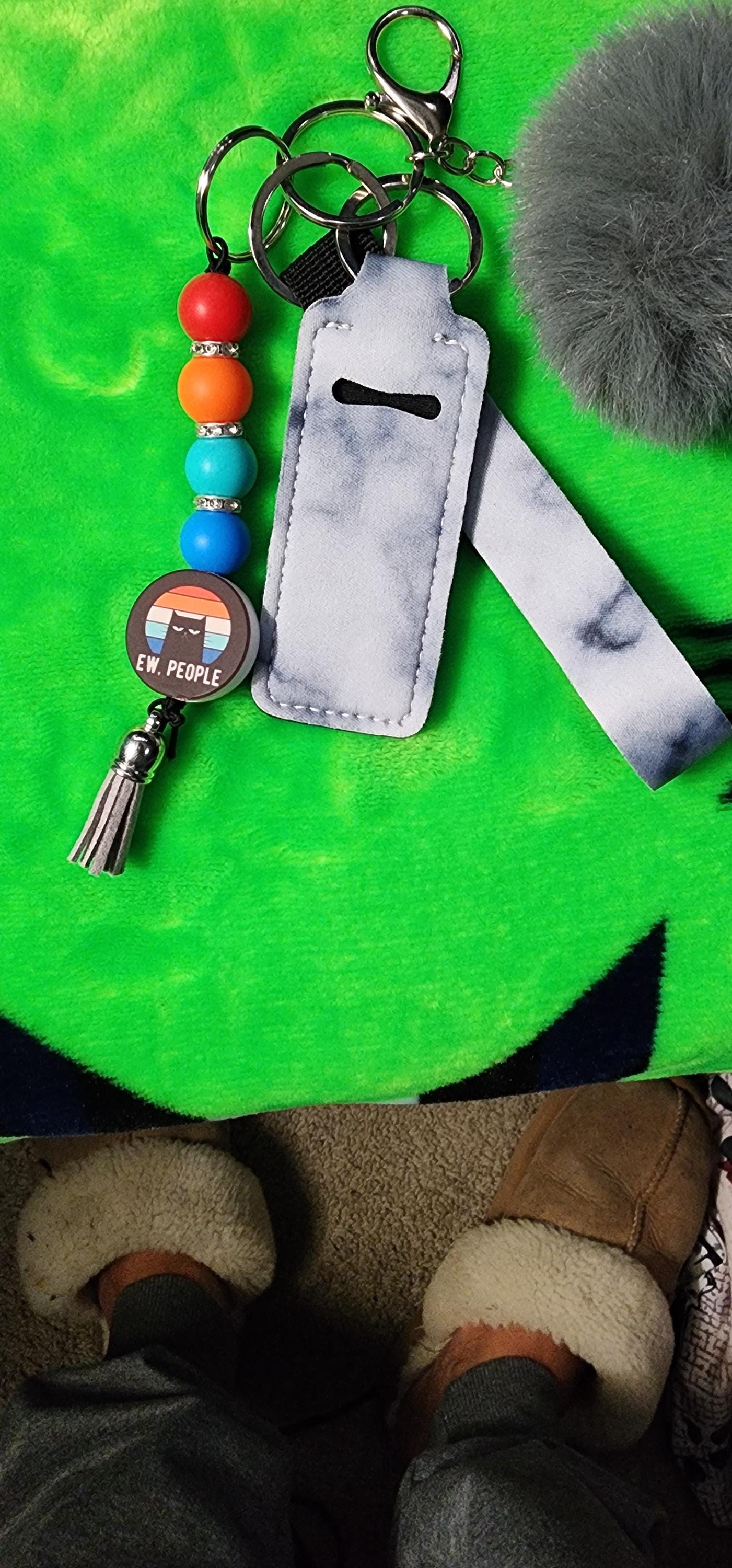 Ew People Cat Keychain Set | Funny Cat Lover Keychain with Pom, Lanyard & Hand Sanitizer Holder | Sassy Anti-Social Energy