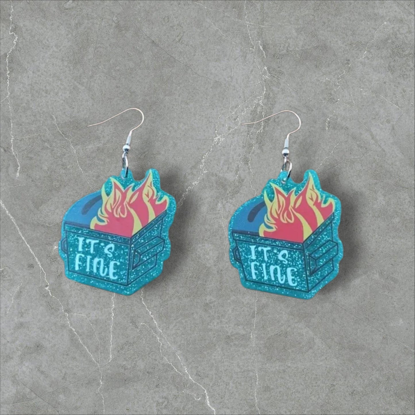 Glittery Blue Dumpster Fire Dangle Earrings – “I’m Fine” – Because Chaos Looks Better with Sparkle - Hempin' Mayhem