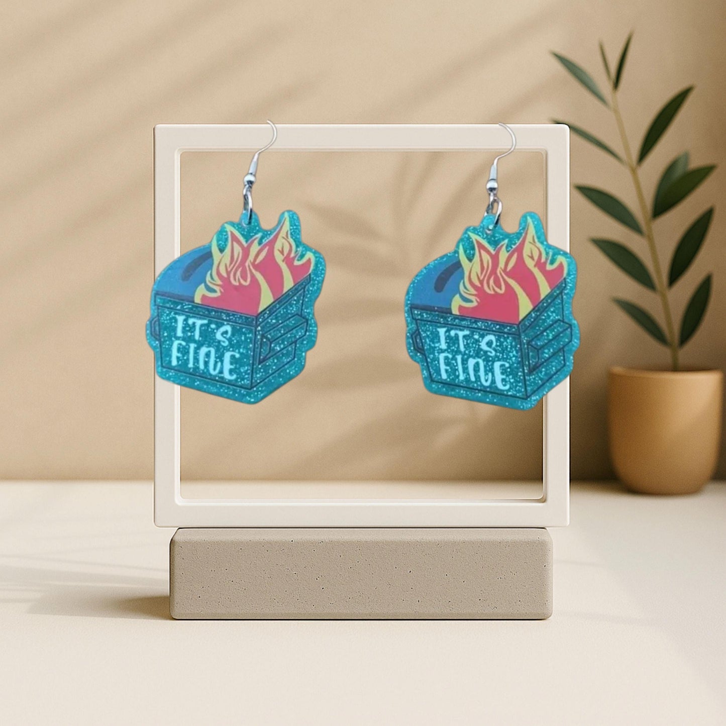 Glittery Blue Dumpster Fire Dangle Earrings – “I’m Fine” – Because Chaos Looks Better with Sparkle - Hempin' Mayhem
