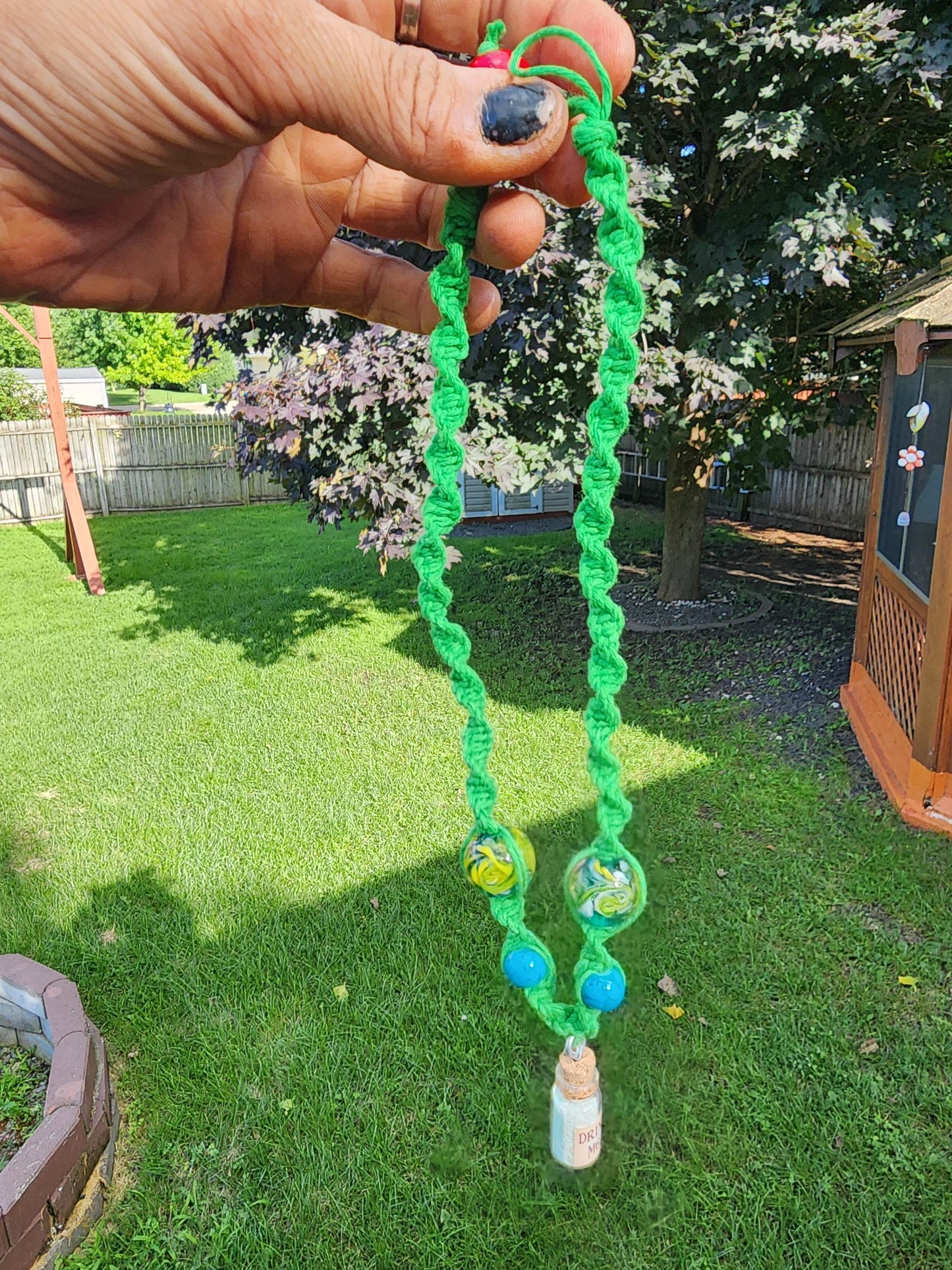 Handmade Green Hemp Necklace: Drink Me Glass Bead
