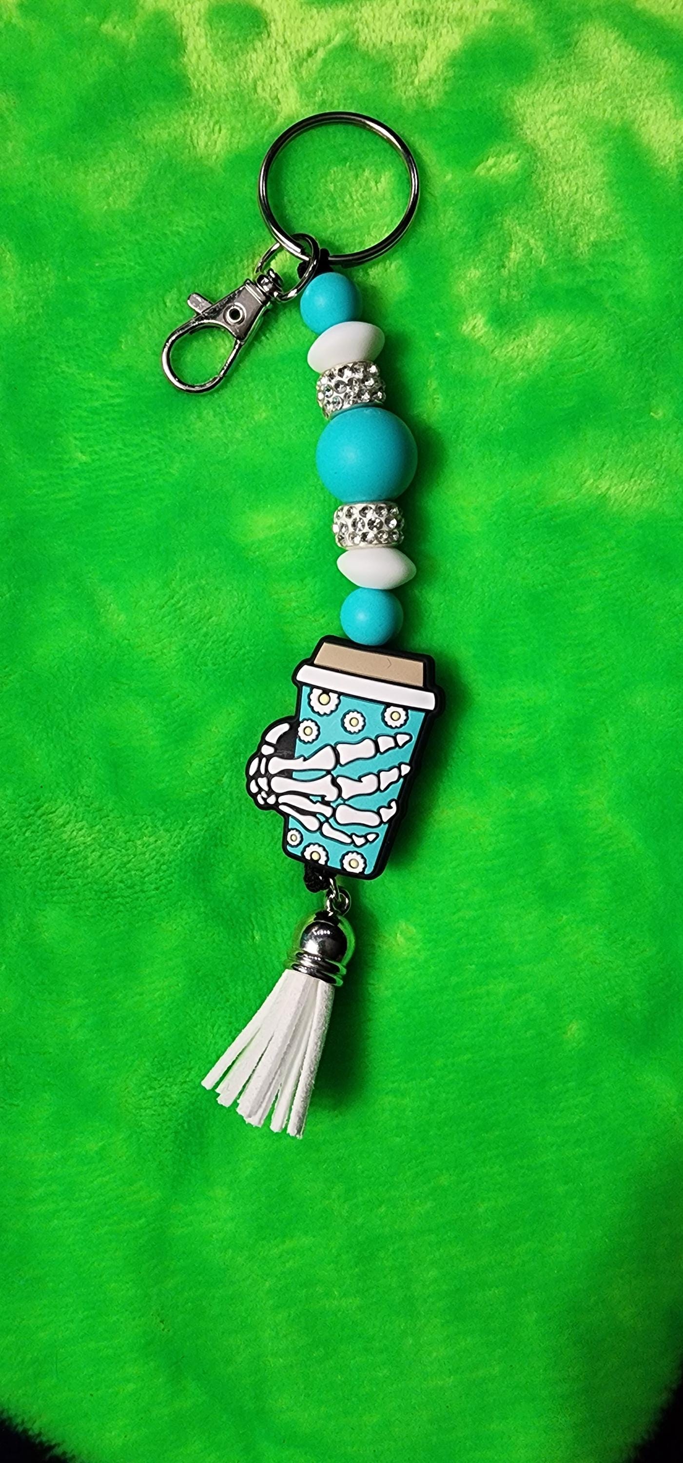 Turquoise & White Skull Hand Coffee Mug Keychain – Handmade Gothic Charm