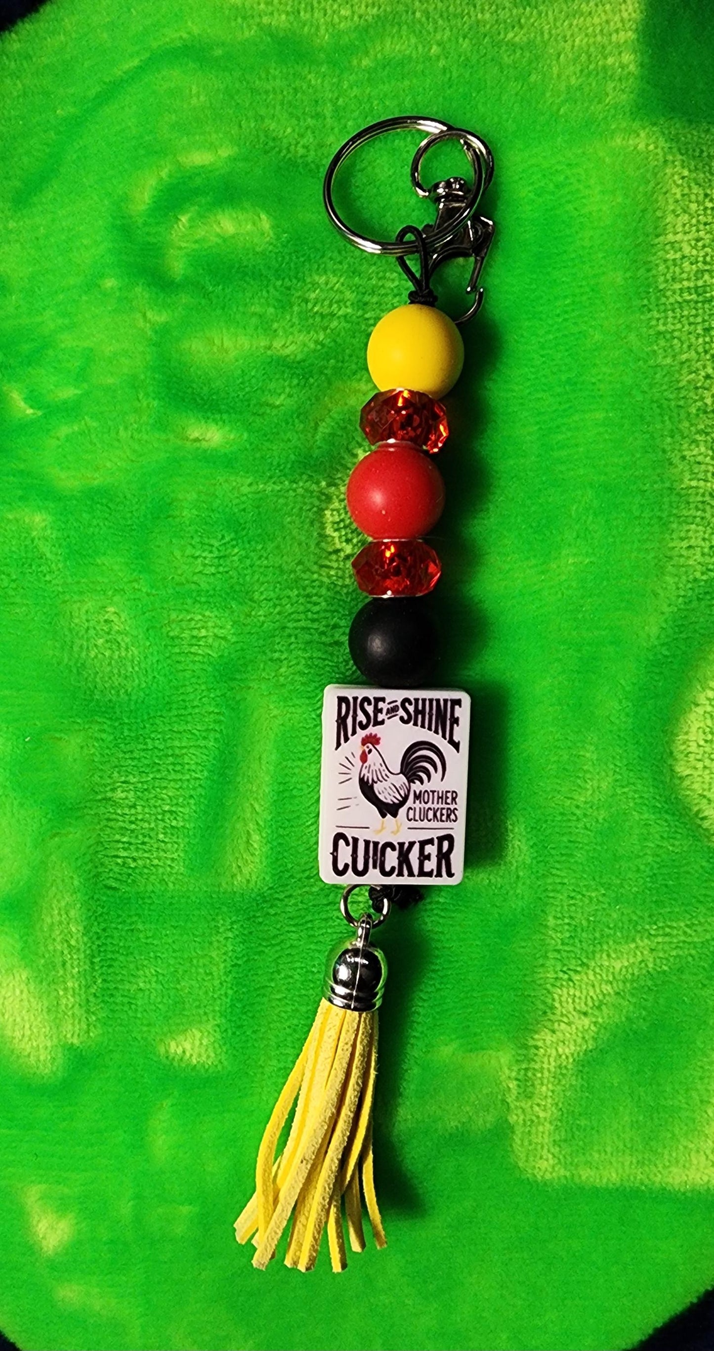 Rise and Shine Mother Cluckers Keychain – Red, Yellow & Black Beaded Farmhouse Accessory | Chicken Lover